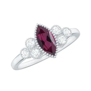 1 CT Natural Rhodolite Solitaire Ring with Diamond Trio