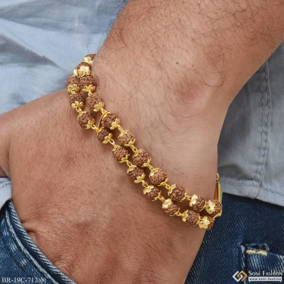 1 Gram Gold Plated 2 Line Glittering Design Rudraksha Bracelet For Men - Style C712