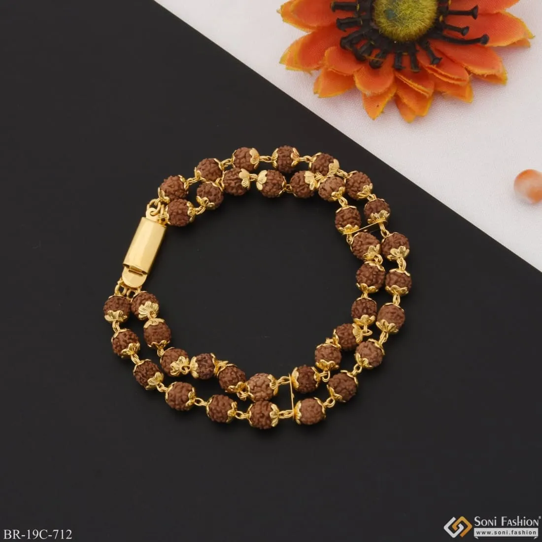 1 Gram Gold Plated 2 Line Glittering Design Rudraksha Bracelet For Men - Style C712