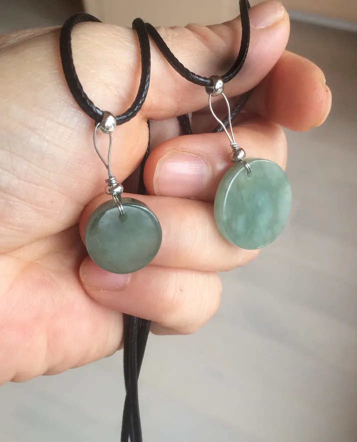 100% natural  icy watery dark green/gray jadeite jade safe and sound couple pendant pair BG4