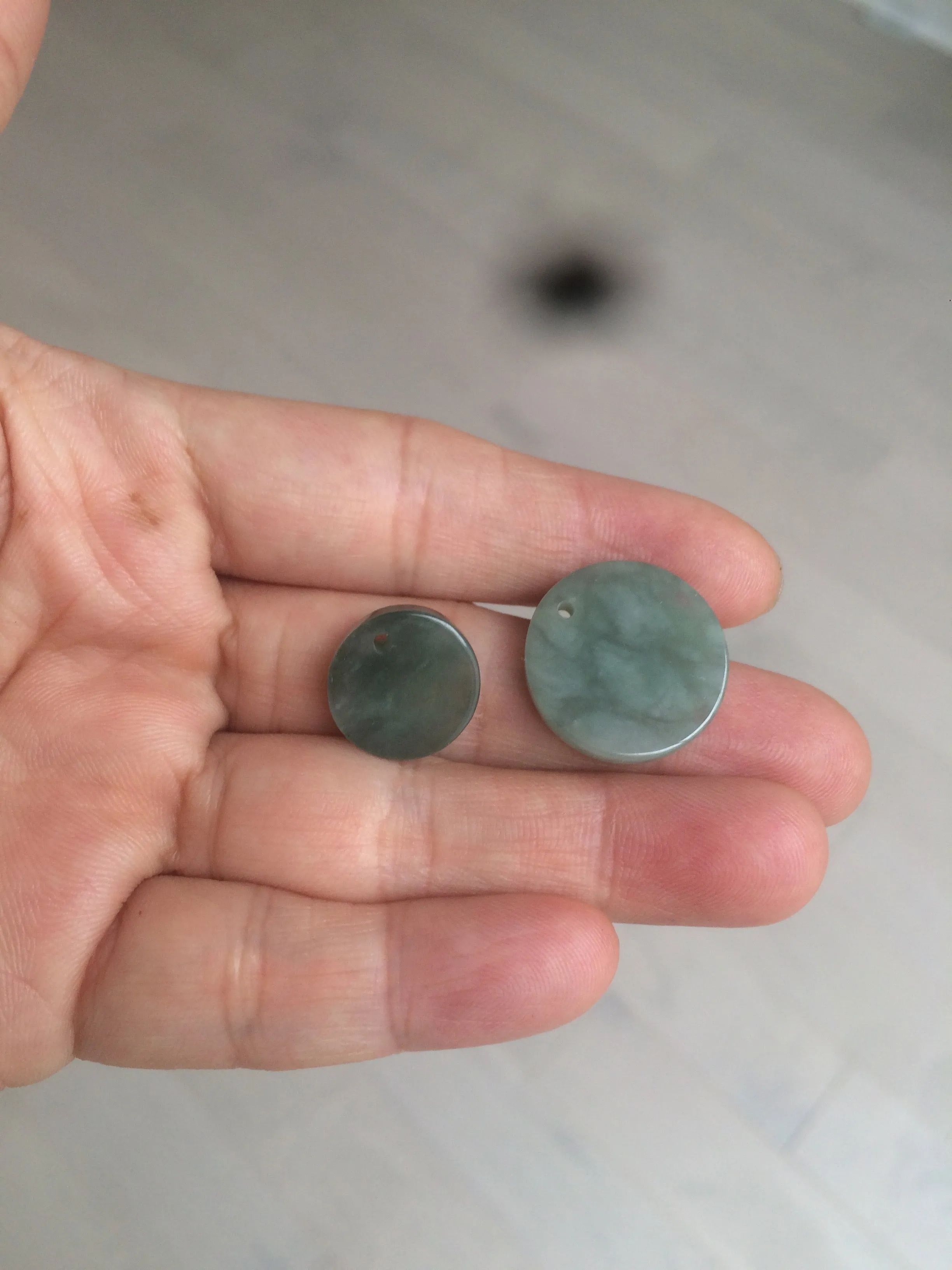 100% natural  icy watery dark green/gray jadeite jade safe and sound couple pendant pair BG4