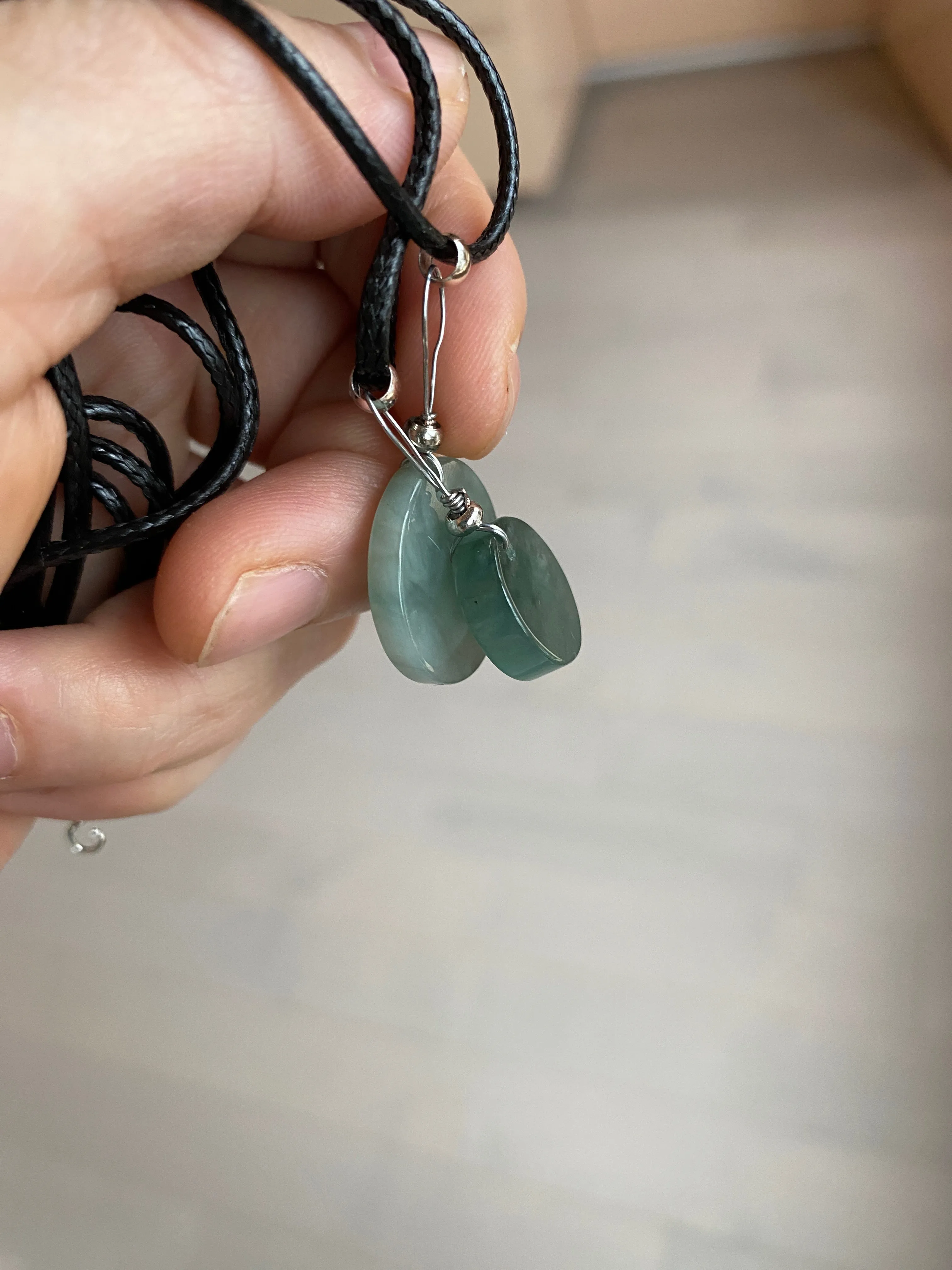 100% natural  icy watery dark green/gray jadeite jade safe and sound couple pendant pair BG4