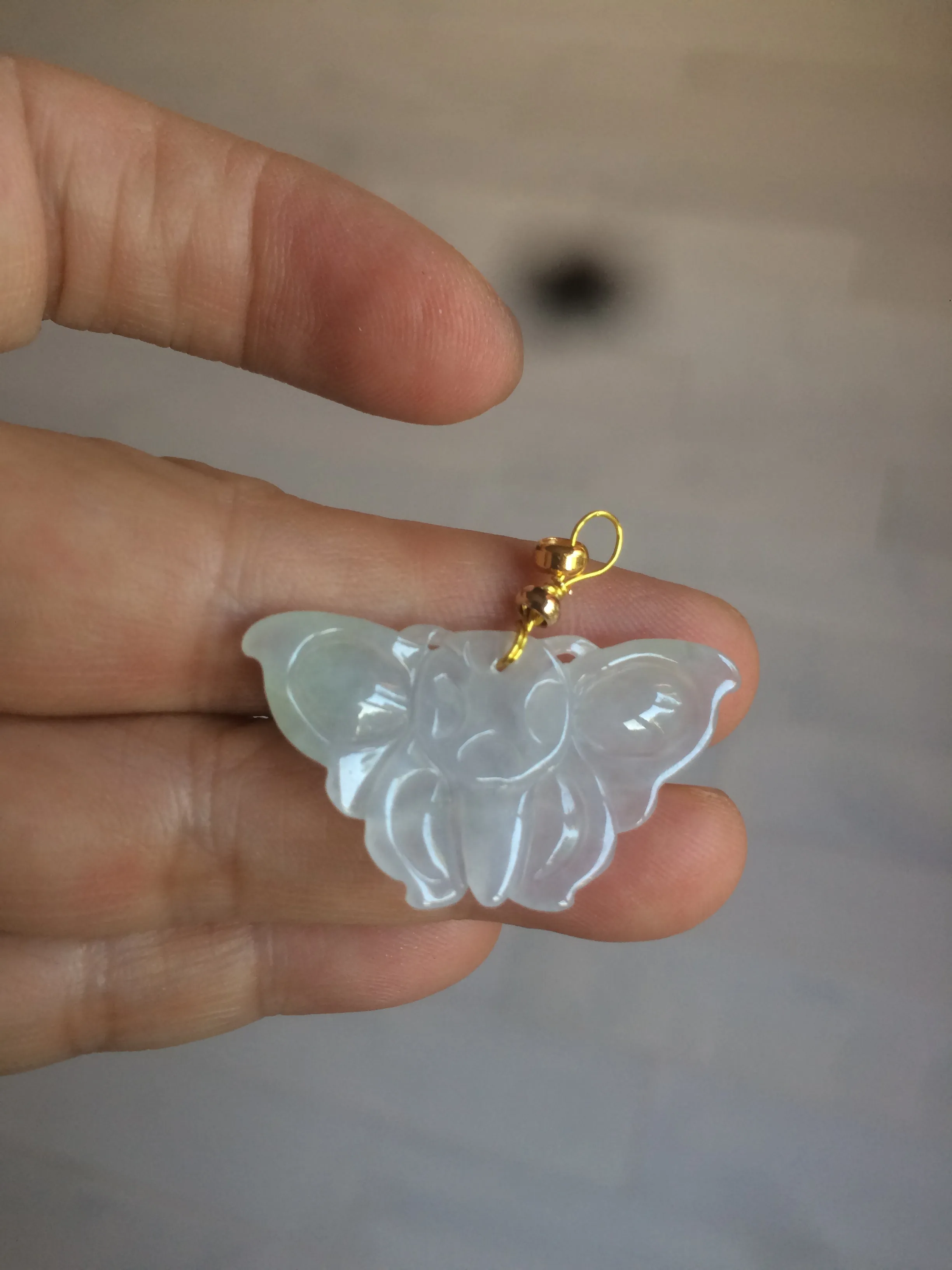 100% Natural icy watery light green/white 3D Jadeite Jade butterfly pendant AF16