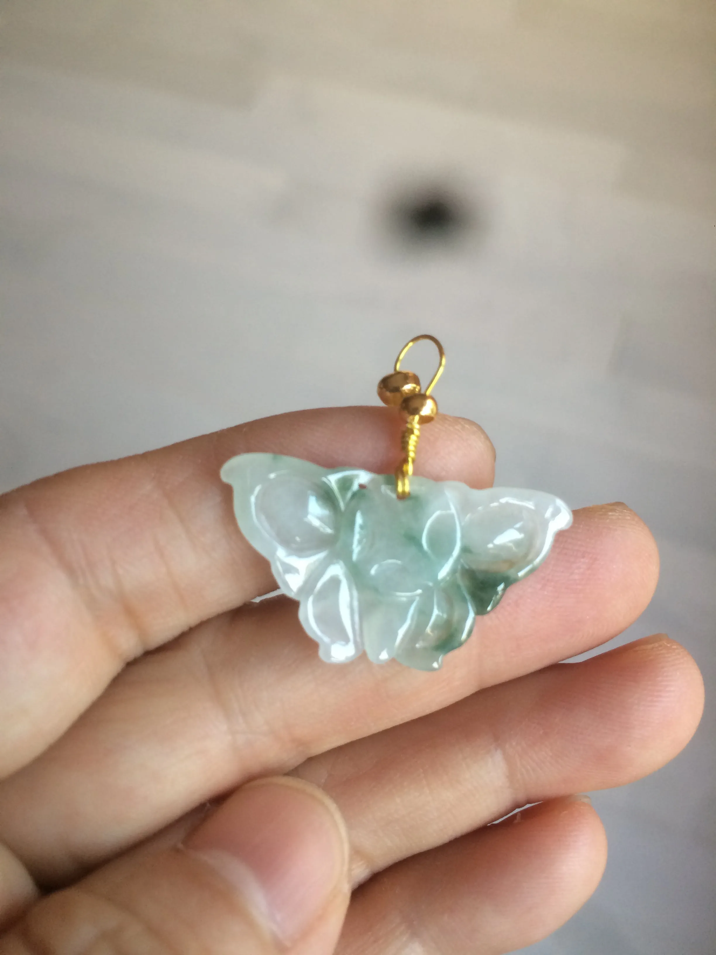 100% Natural icy watery light green/white 3D Jadeite Jade butterfly pendant AF16