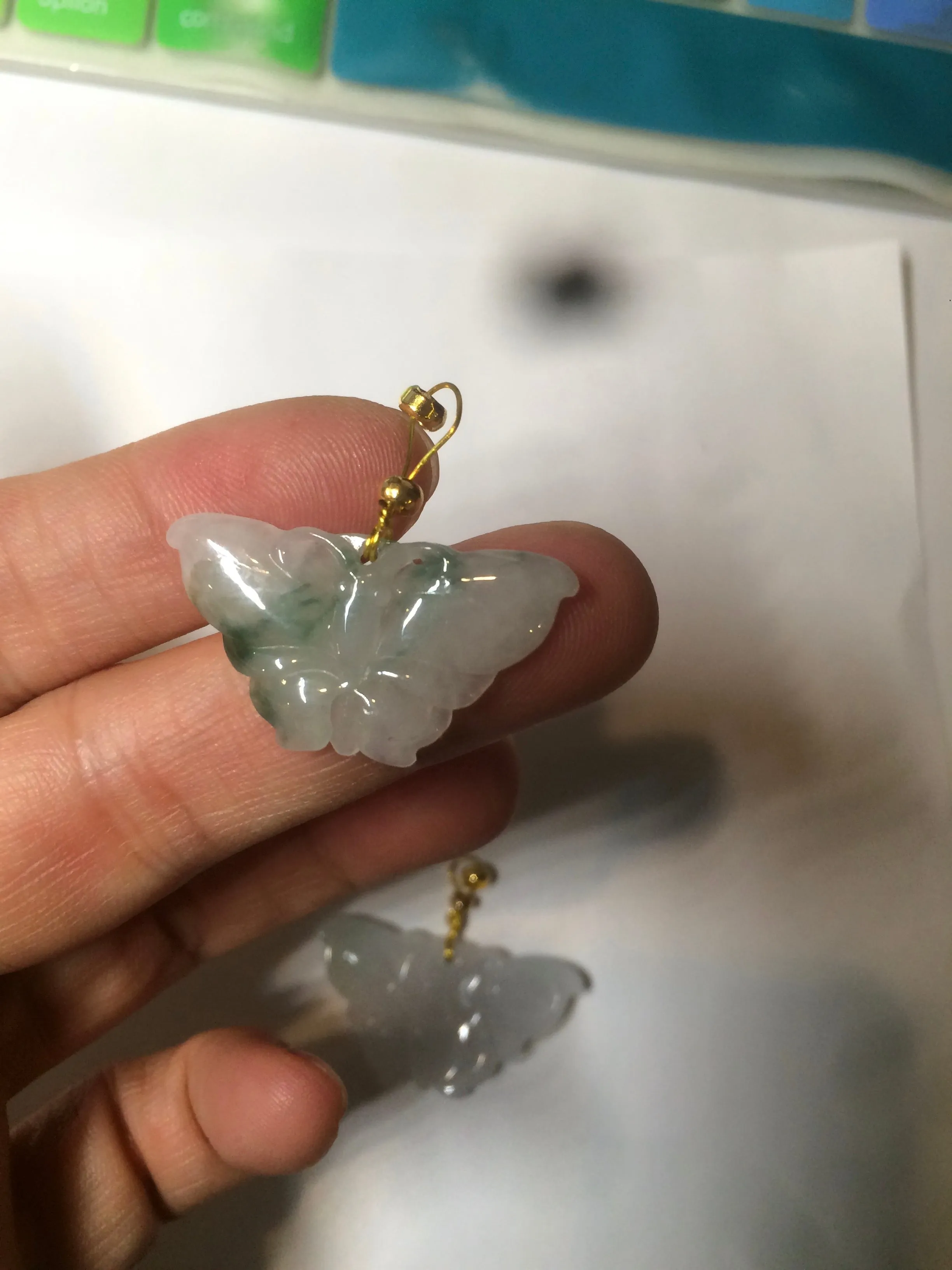 100% Natural icy watery light green/white 3D Jadeite Jade butterfly pendant AF16