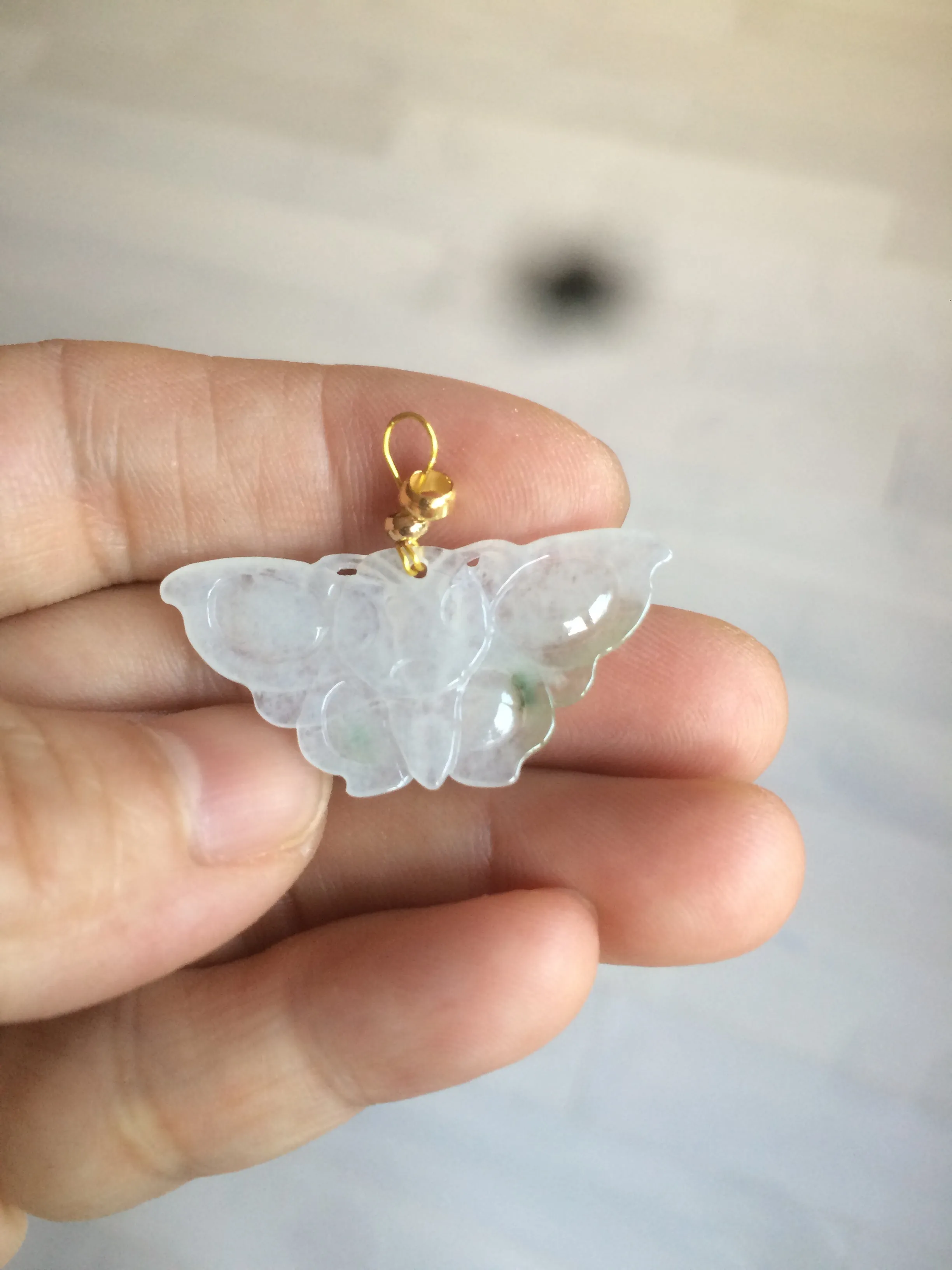 100% Natural icy watery light green/white 3D Jadeite Jade butterfly pendant AF16