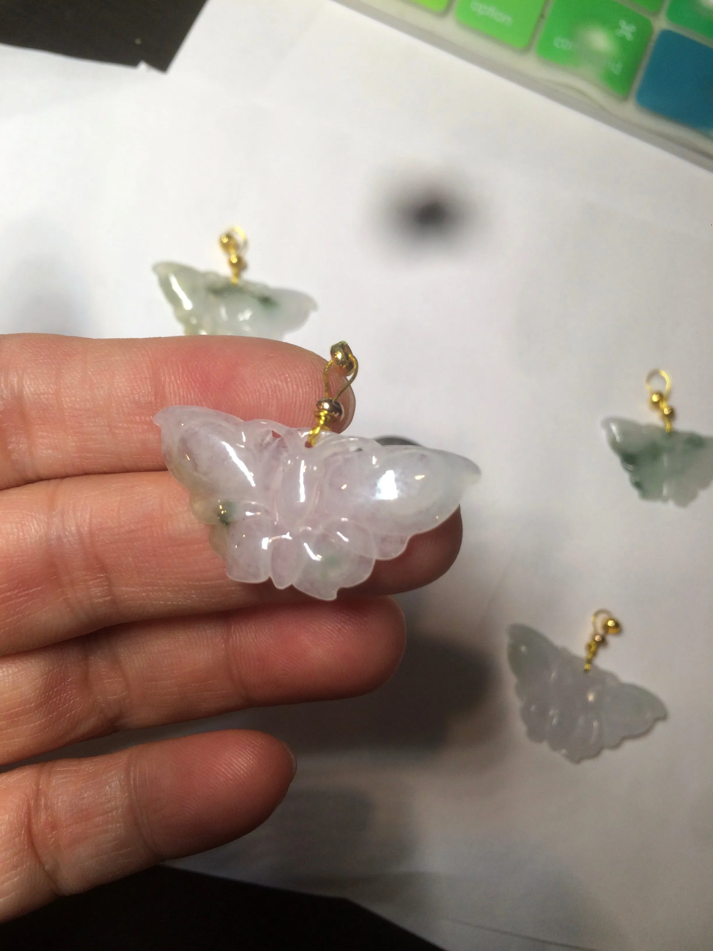 100% Natural icy watery light green/white 3D Jadeite Jade butterfly pendant AF16