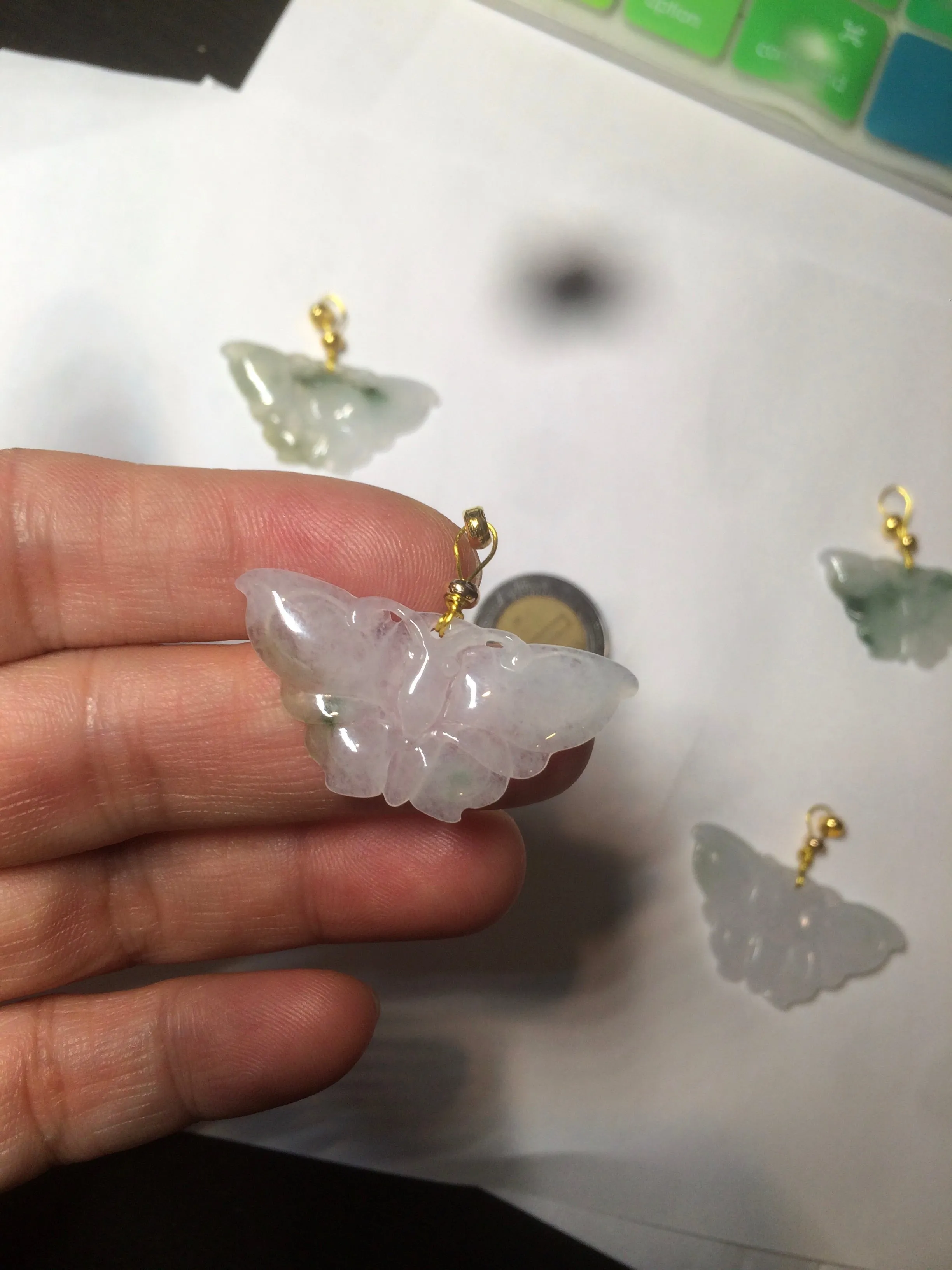 100% Natural icy watery light green/white 3D Jadeite Jade butterfly pendant AF16