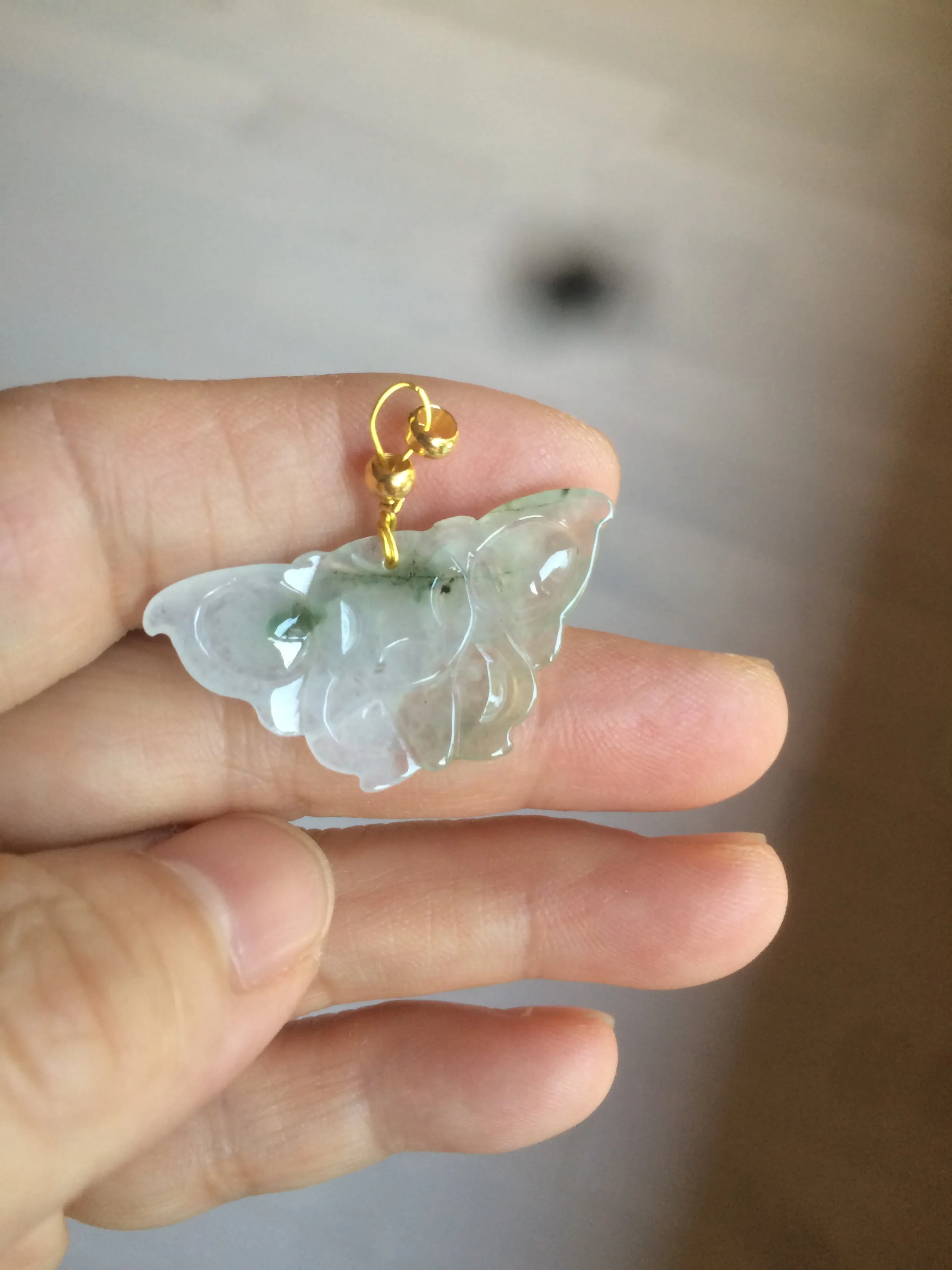 100% Natural icy watery light green/white 3D Jadeite Jade butterfly pendant AF16