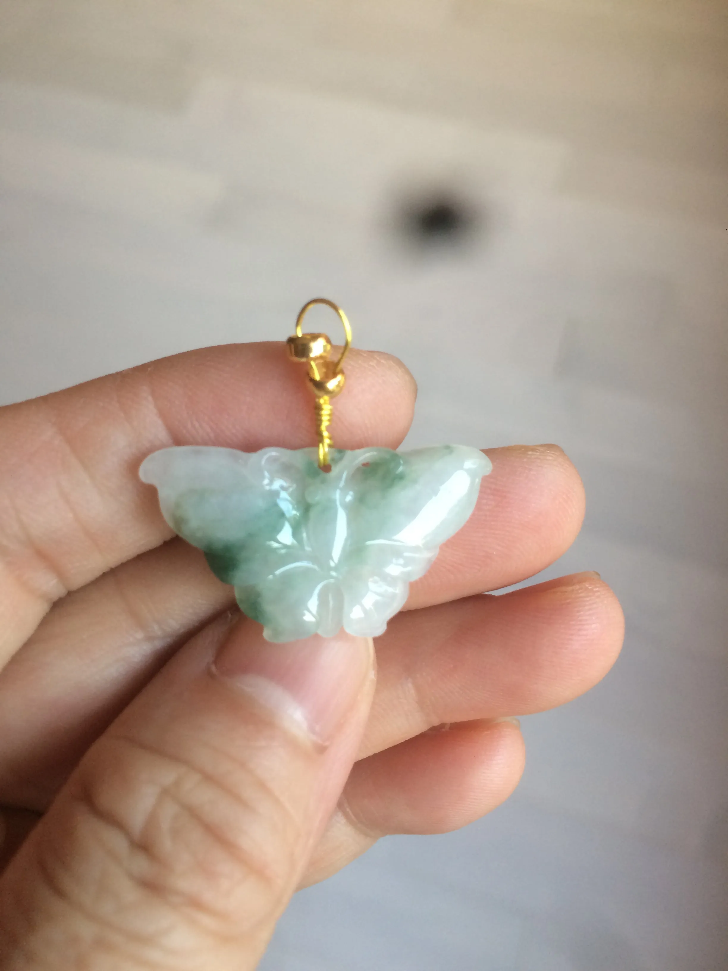 100% Natural icy watery light green/white 3D Jadeite Jade butterfly pendant AF16