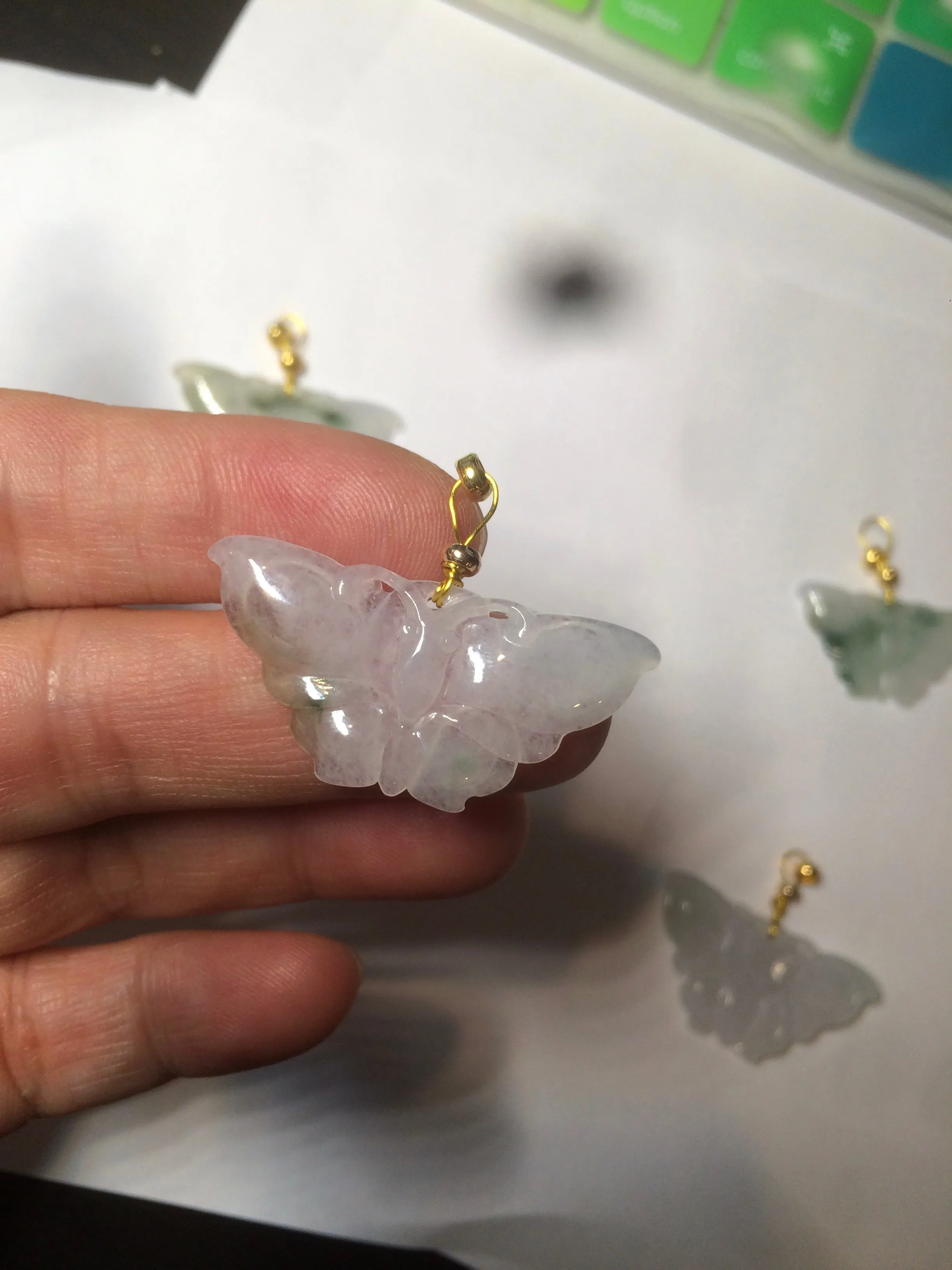 100% Natural icy watery light green/white 3D Jadeite Jade butterfly pendant AF16