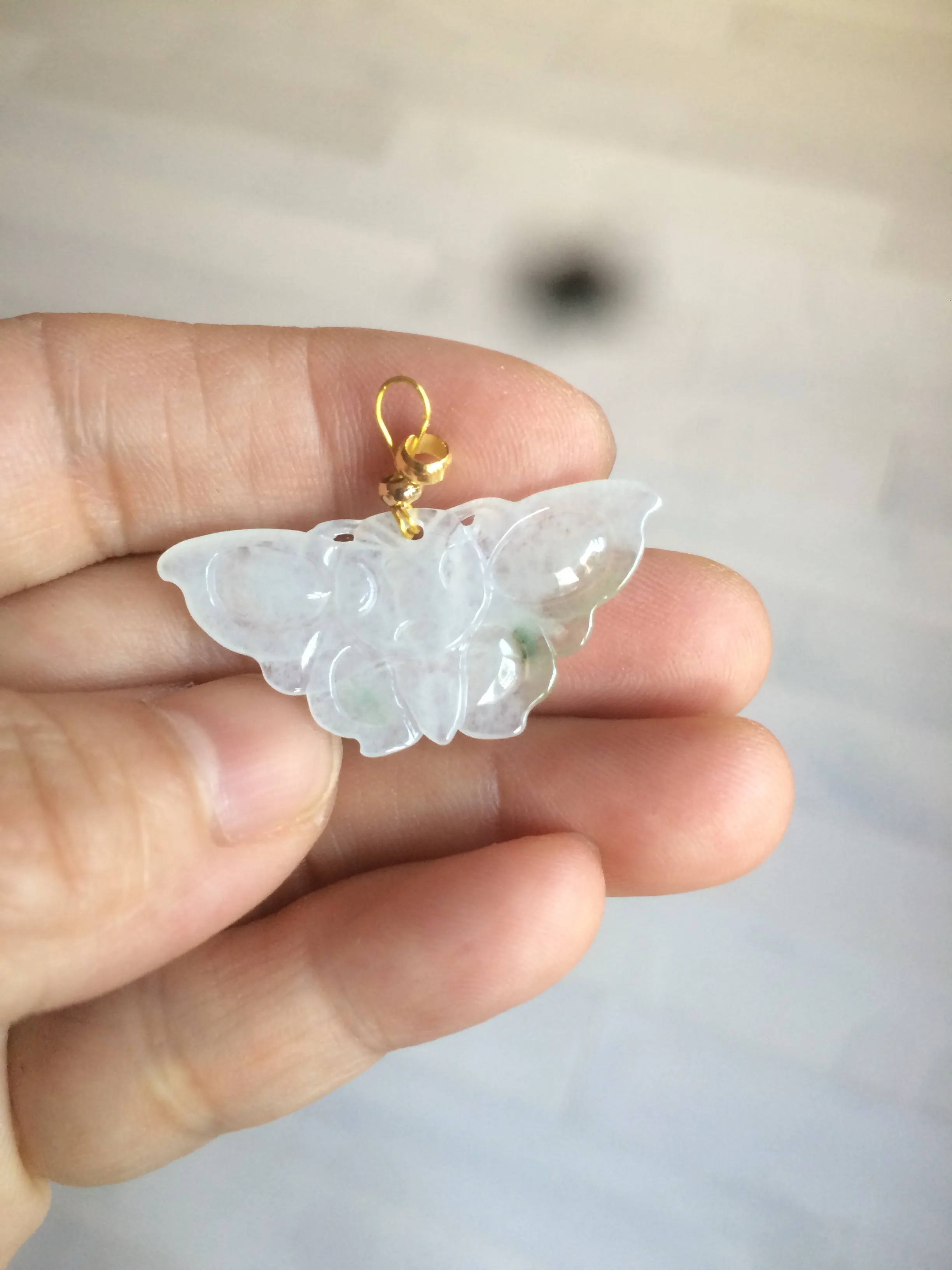 100% Natural icy watery light green/white 3D Jadeite Jade butterfly pendant AF16