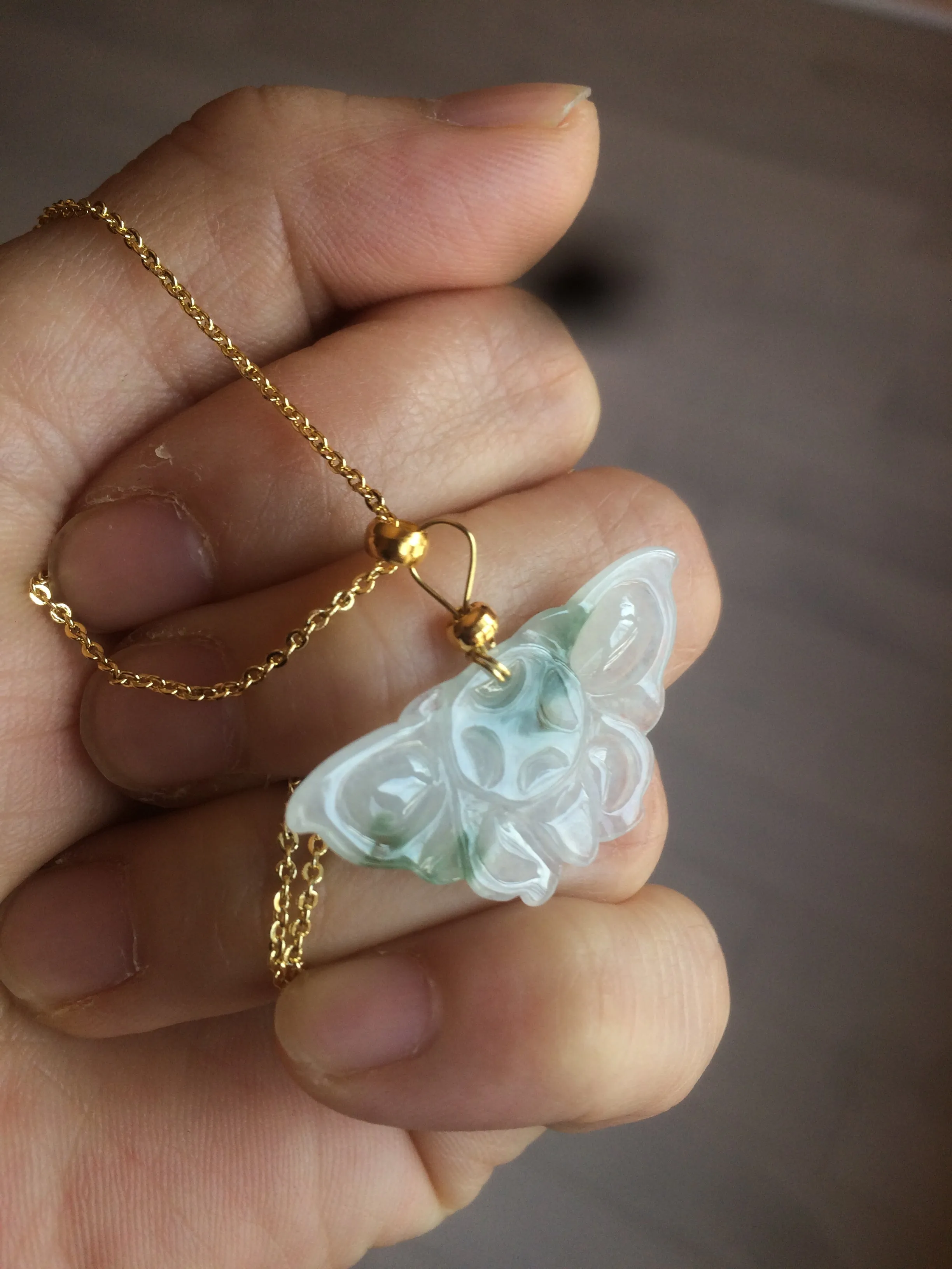 100% Natural icy watery light green/white 3D Jadeite Jade butterfly pendant AF16