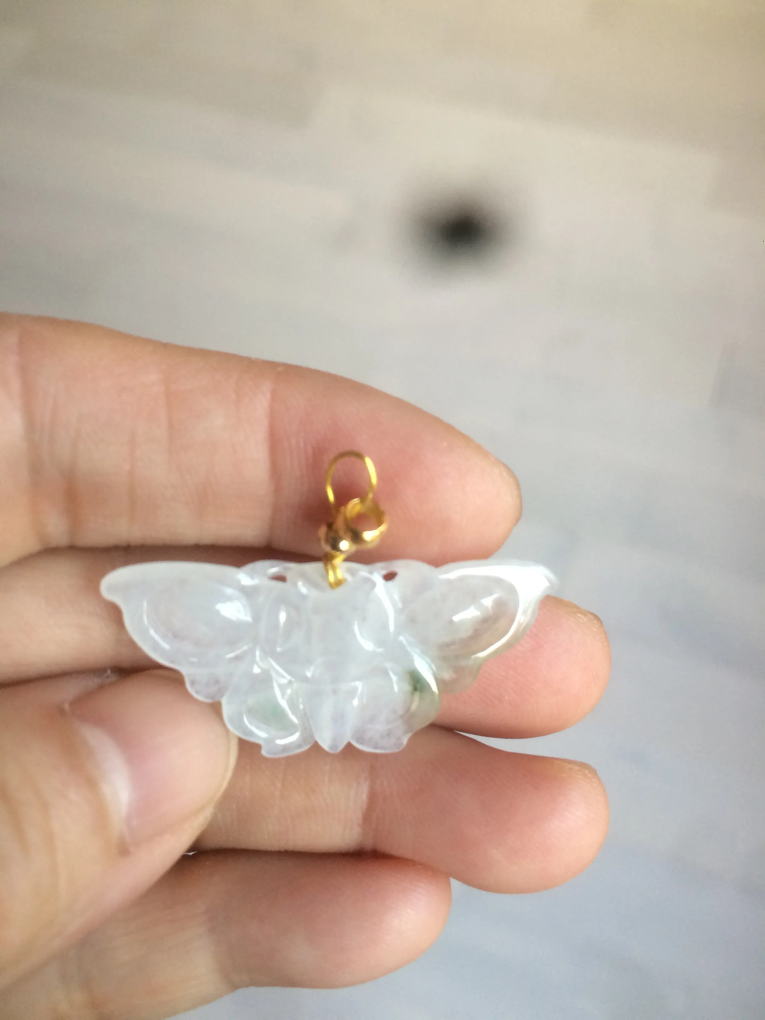 100% Natural icy watery light green/white 3D Jadeite Jade butterfly pendant AF16