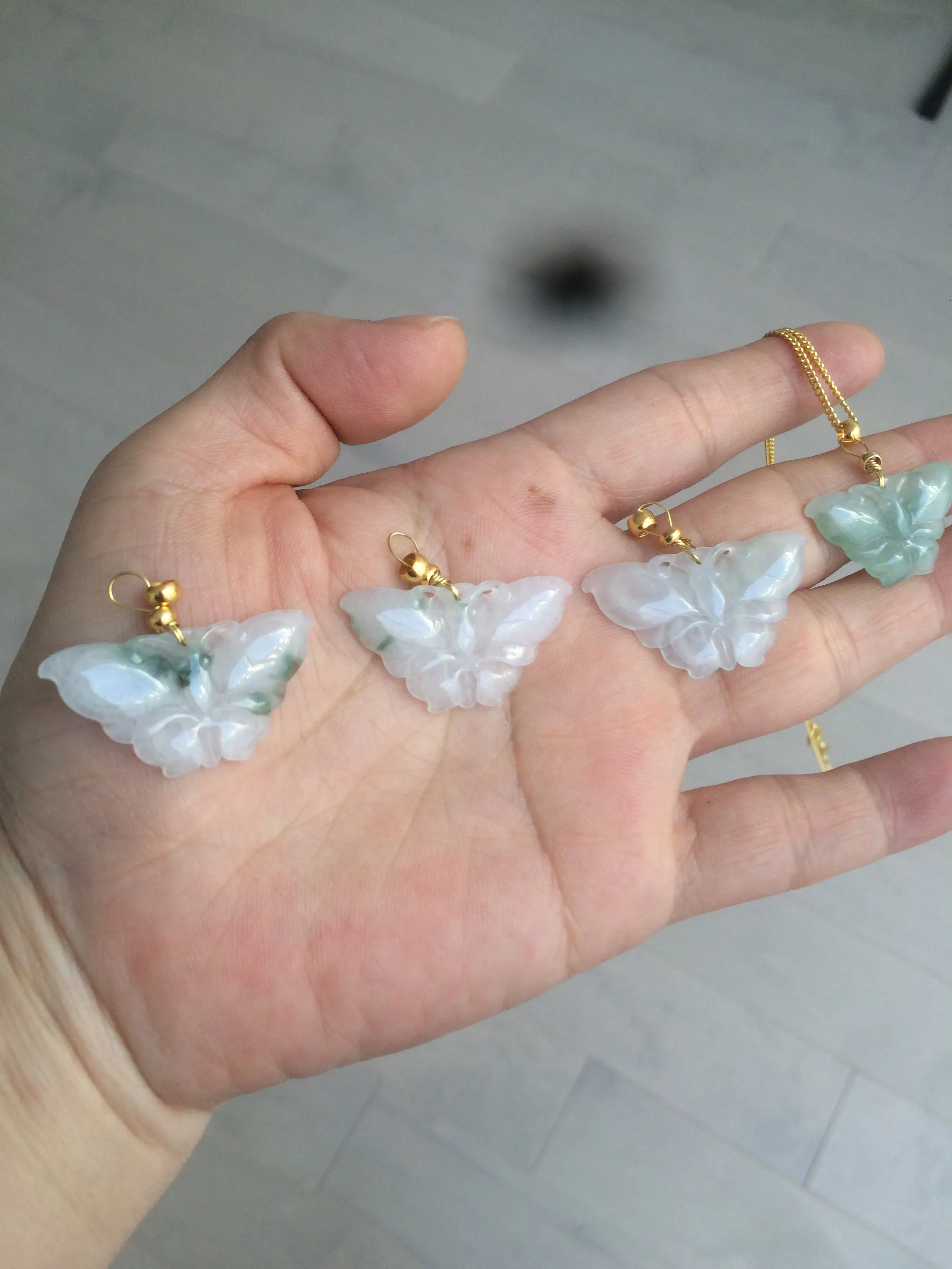 100% Natural icy watery light green/white 3D Jadeite Jade butterfly pendant AF16