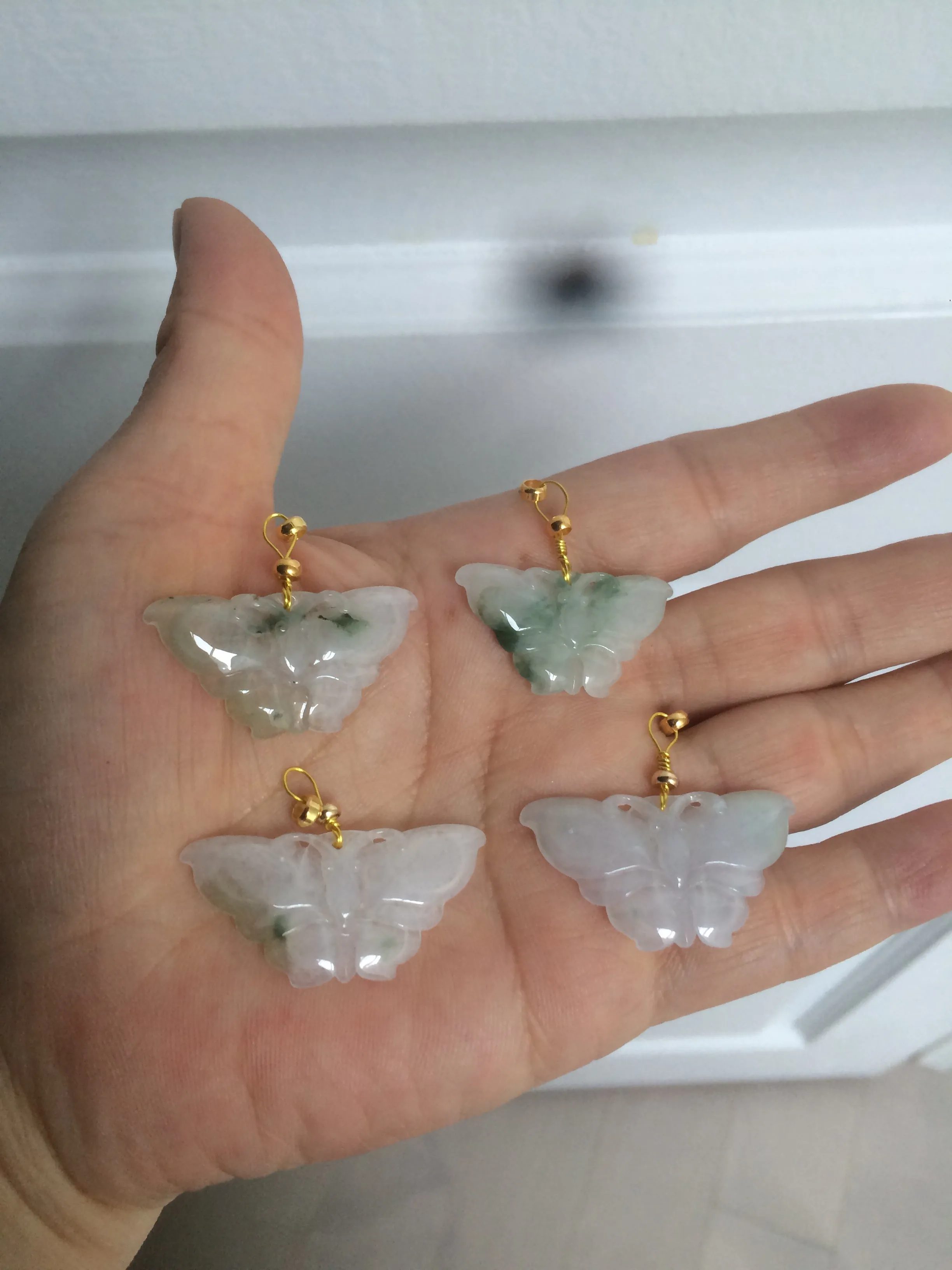 100% Natural icy watery light green/white 3D Jadeite Jade butterfly pendant AF16