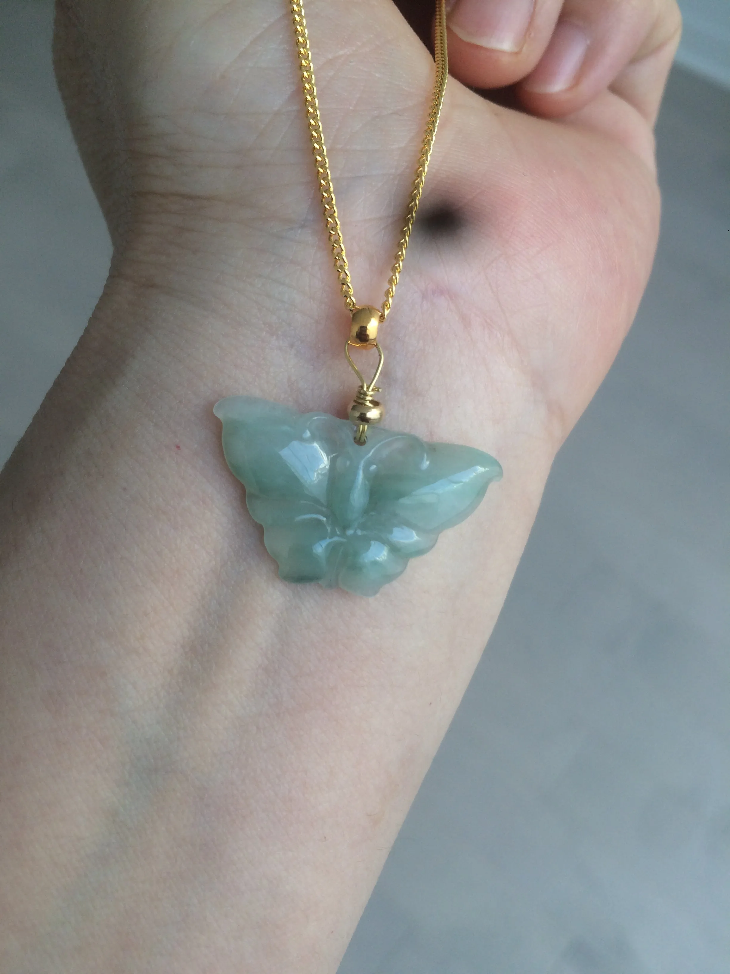 100% Natural icy watery light green/white 3D Jadeite Jade butterfly pendant AF16