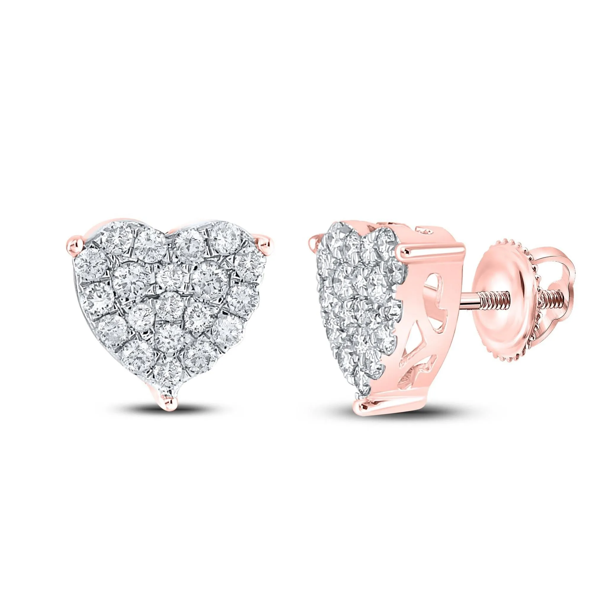 1.00cttw Diamond Heart Stud Earrings 10k Rose Gold Screw Backs