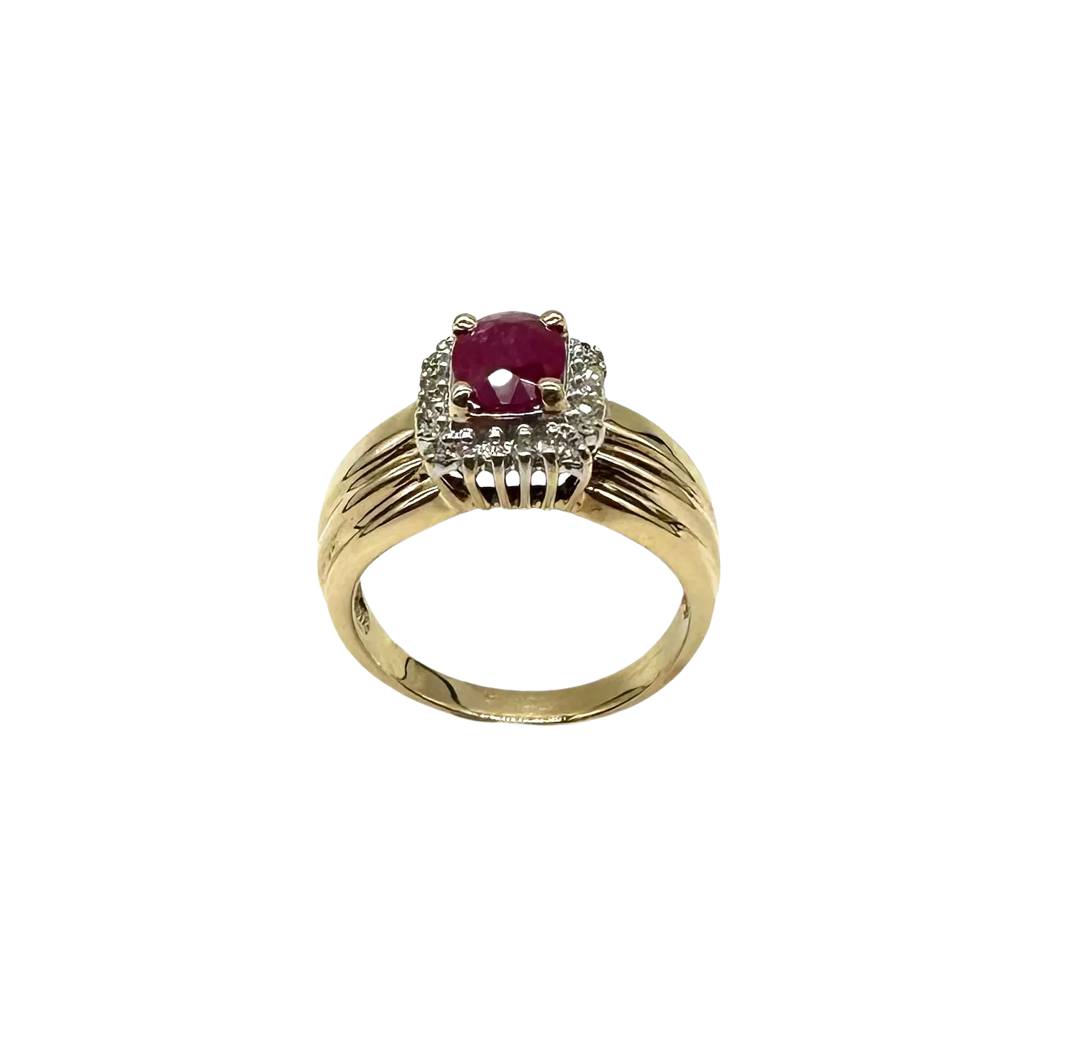 10k Yellow Gold Oval Ruby Ring with Diamond Accent Halo