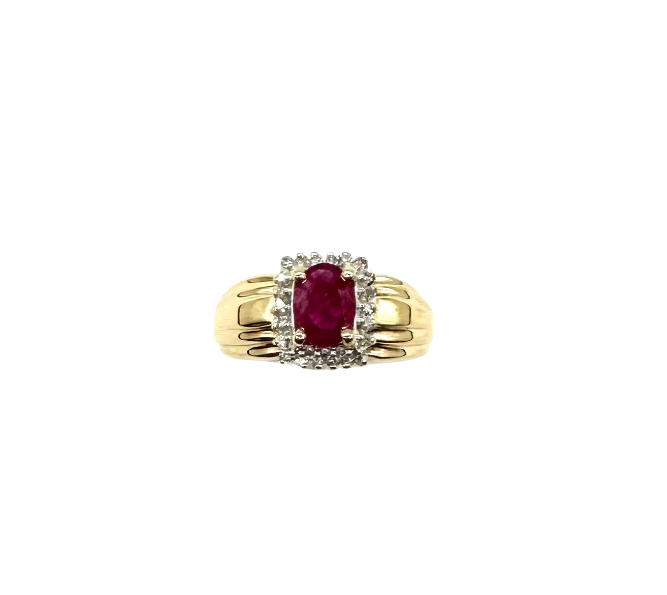 10k Yellow Gold Oval Ruby Ring with Diamond Accent Halo