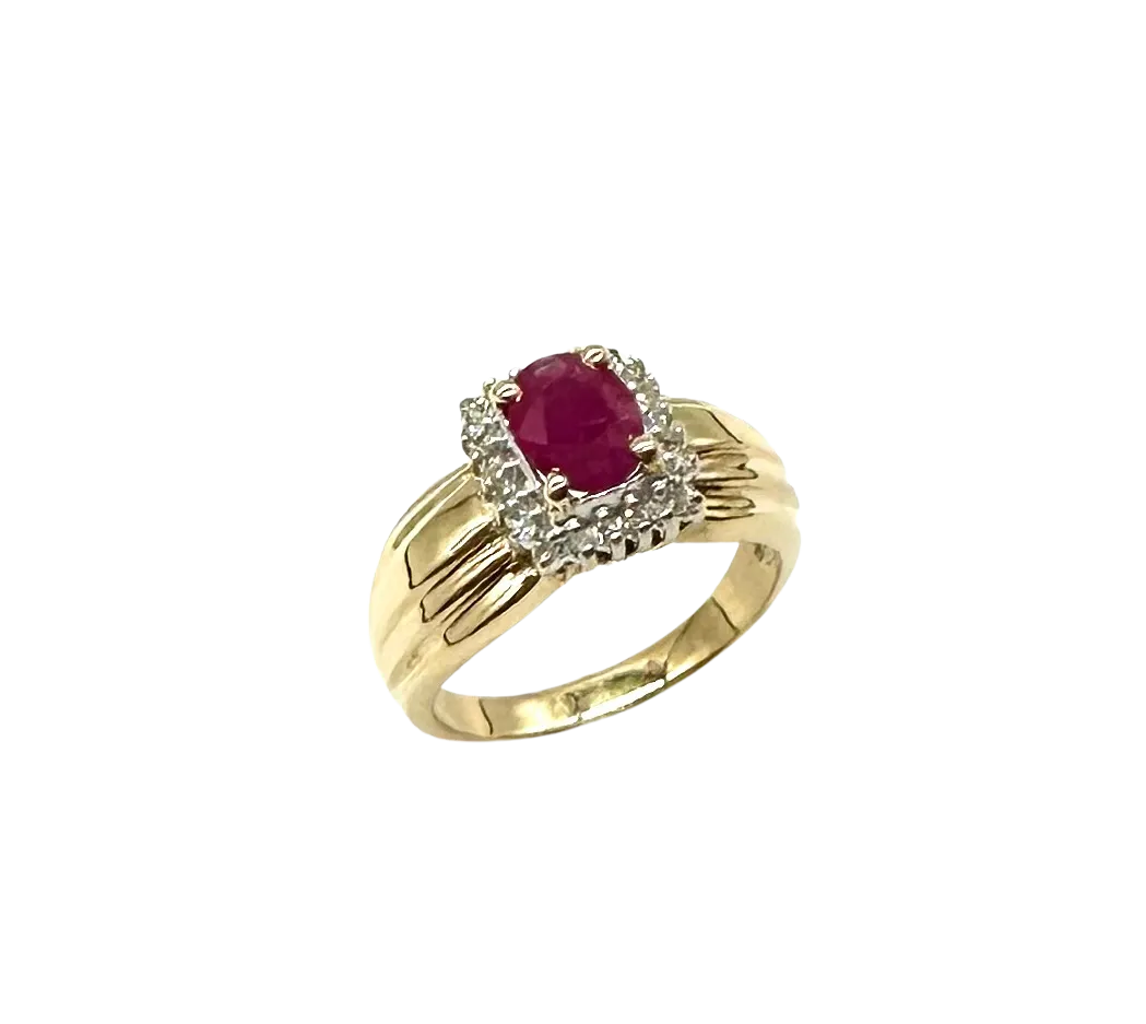 10k Yellow Gold Oval Ruby Ring with Diamond Accent Halo