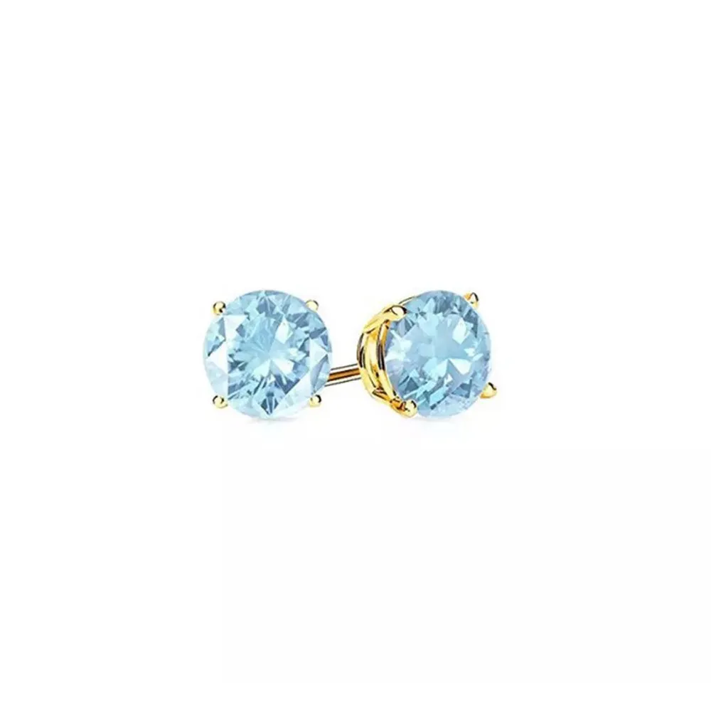 10k Yellow Gold Plated 4 Carat Round Created Aquamarine Sapphire CZ Stud Earrings