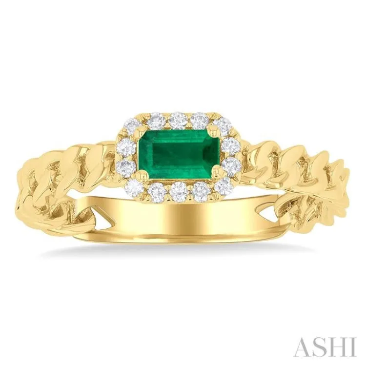 1/10 ctw Cuban Link East-West 5x3 MM Oval Cut Emerald and Round Cut Diamond Halo Precious Ring in 10K Yellow Gold