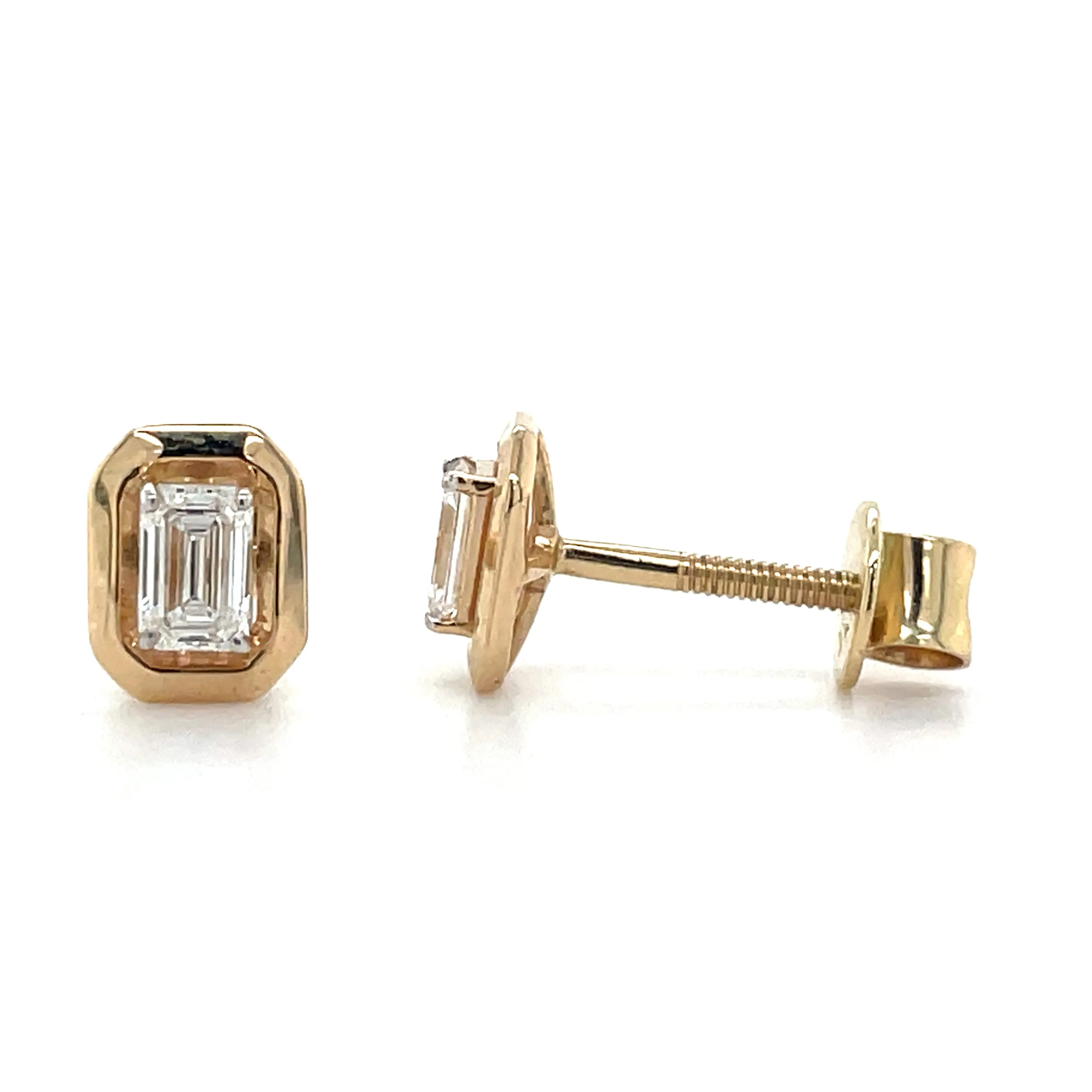 14ct Yellow Gold Laboratory Grown Emerald Cut Diamond Screw Back Earrings