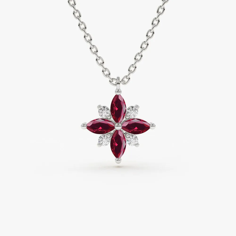 14K Floral Design Marquise Ruby and Diamond Pendant