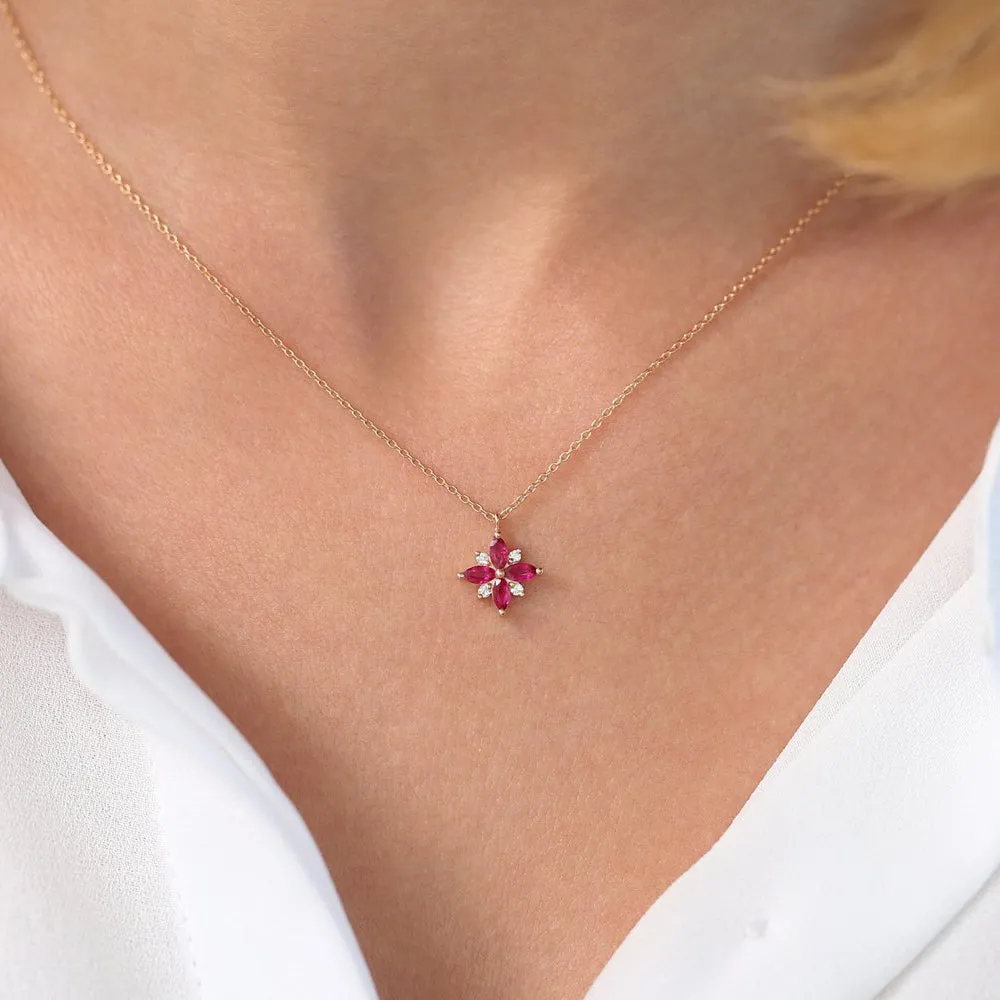 14K Floral Design Marquise Ruby and Diamond Pendant