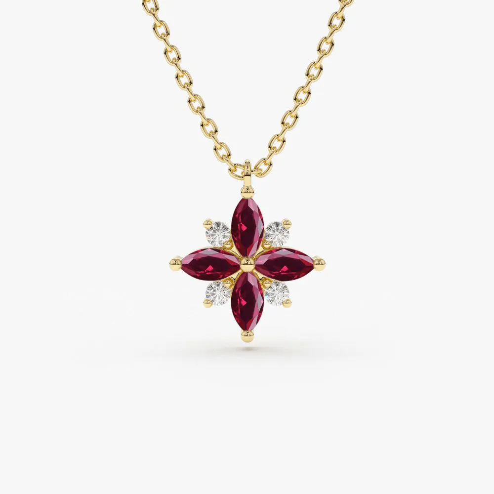 14K Floral Design Marquise Ruby and Diamond Pendant