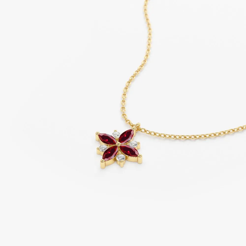 14K Floral Design Marquise Ruby and Diamond Pendant