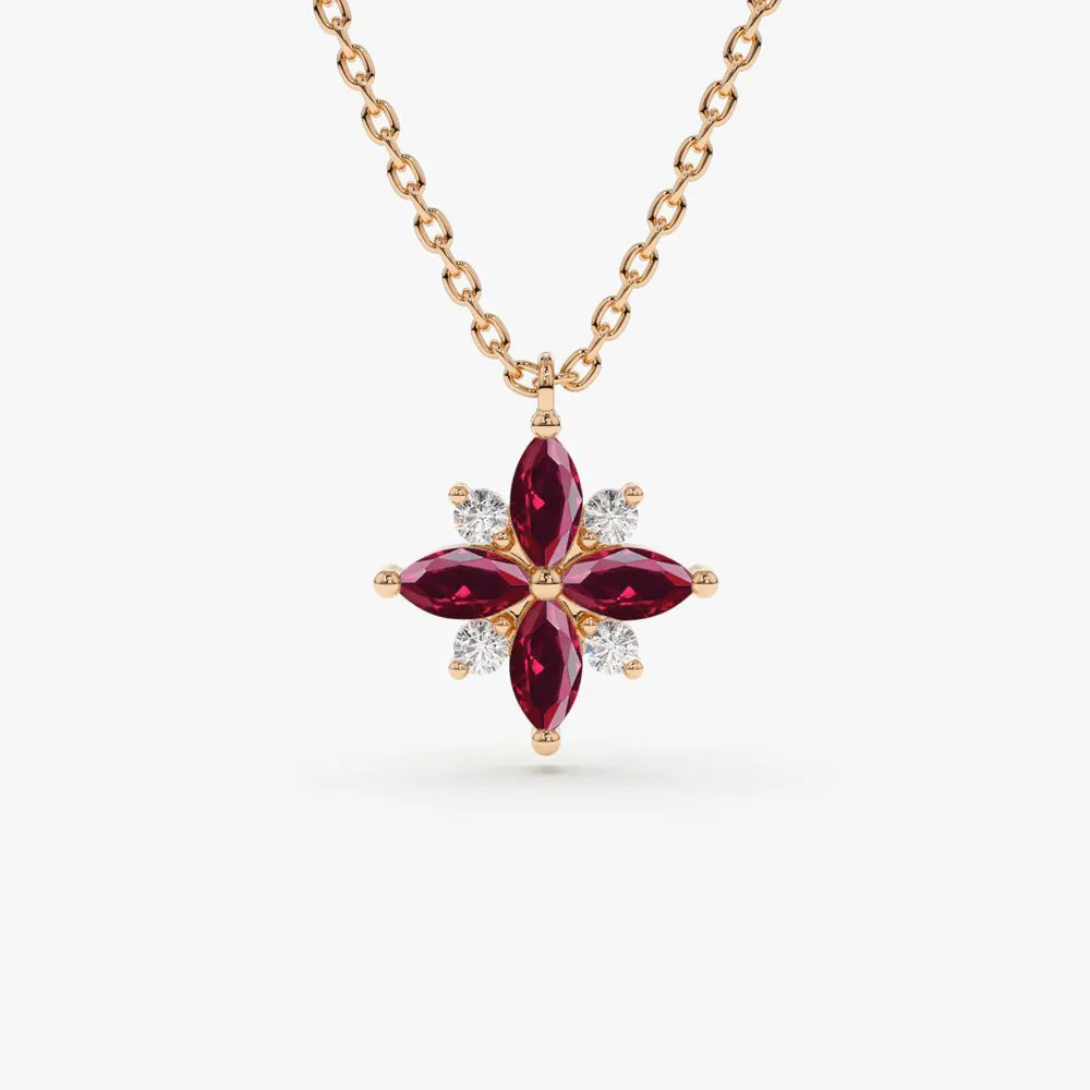 14K Floral Design Marquise Ruby and Diamond Pendant