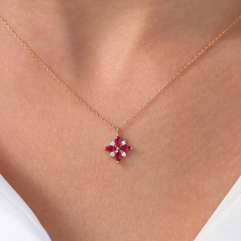 14K Floral Design Marquise Ruby and Diamond Pendant