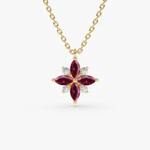 14K Floral Design Marquise Ruby and Diamond Pendant