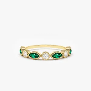 14k Marquise Emerald and Diamond Wedding Band