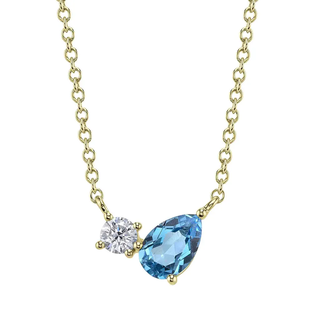 14K Round Diamond & Swiss Blue Topaz Pear Necklace