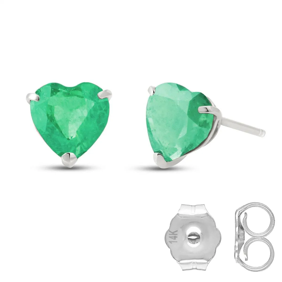 14K Solid White Gold Stud Earrings w/ Natural Heart Emeralds