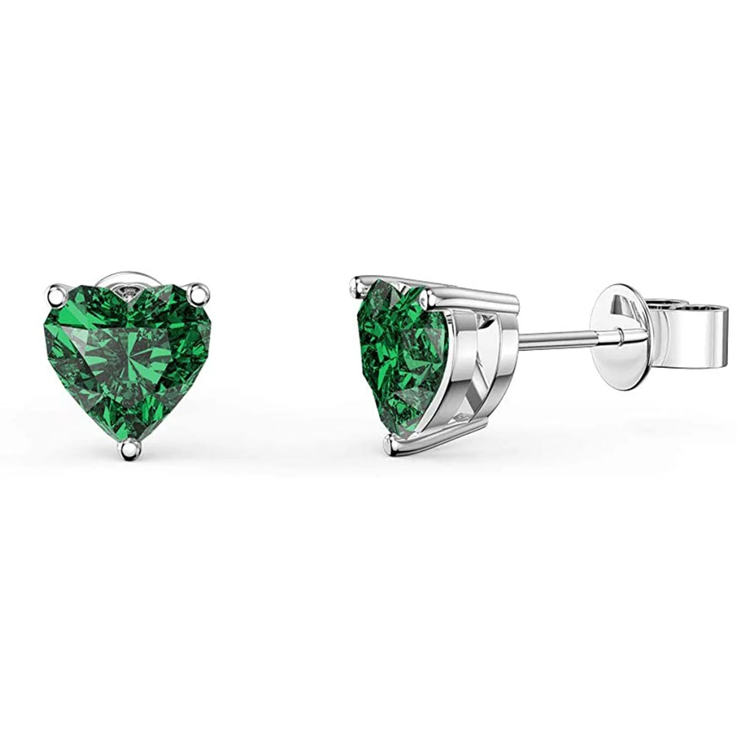 14k White Gold Plated 1 Carat Heart Created Emerald Stud Earrings