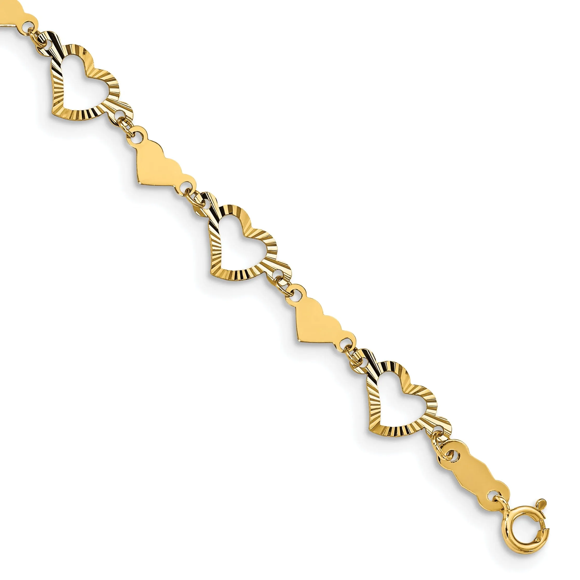 14k yellow gold bracelet open cut out design, multi-hearts 7.5-inch