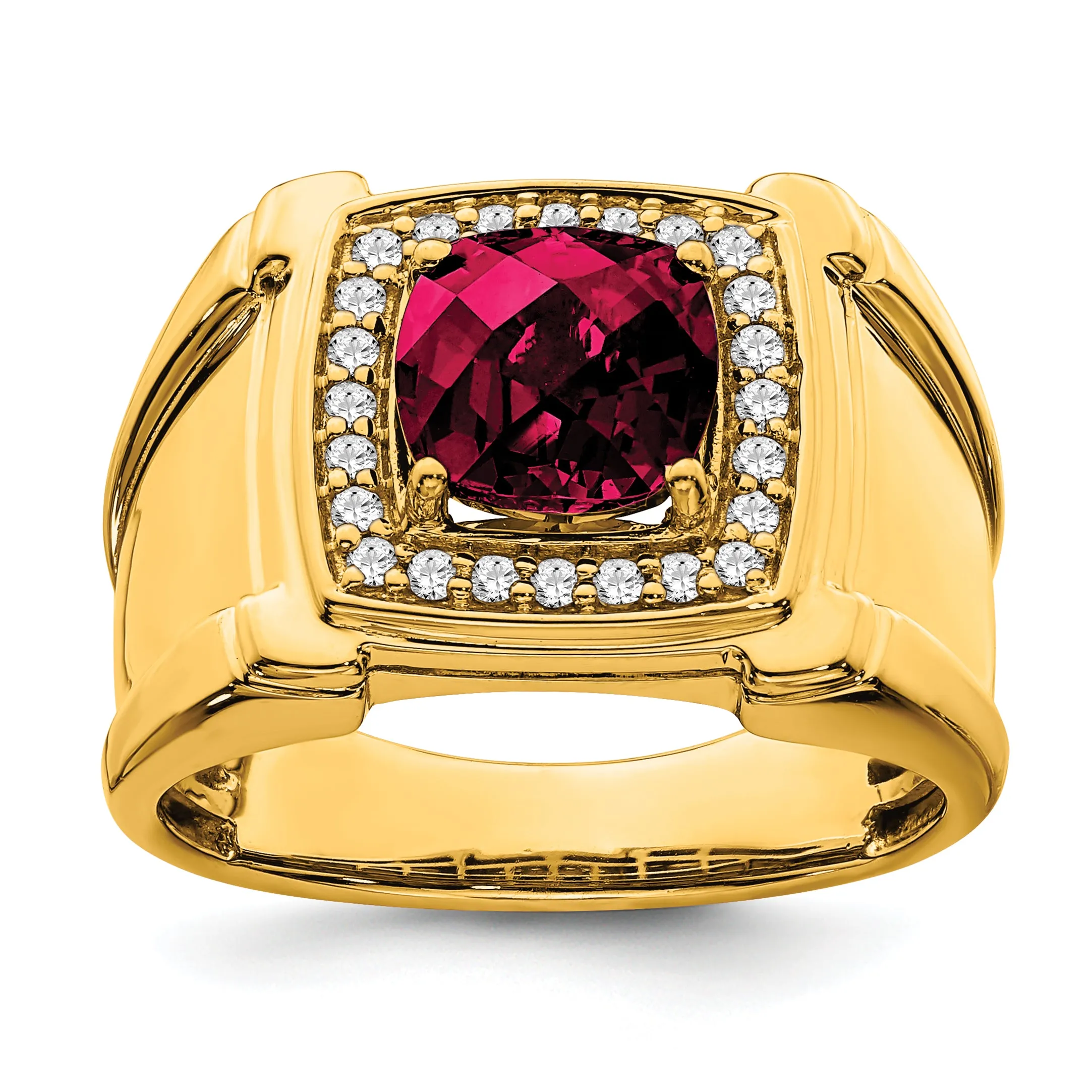 14k Yellow Gold Created Checkerboard Ruby and Diamond Mens Ring