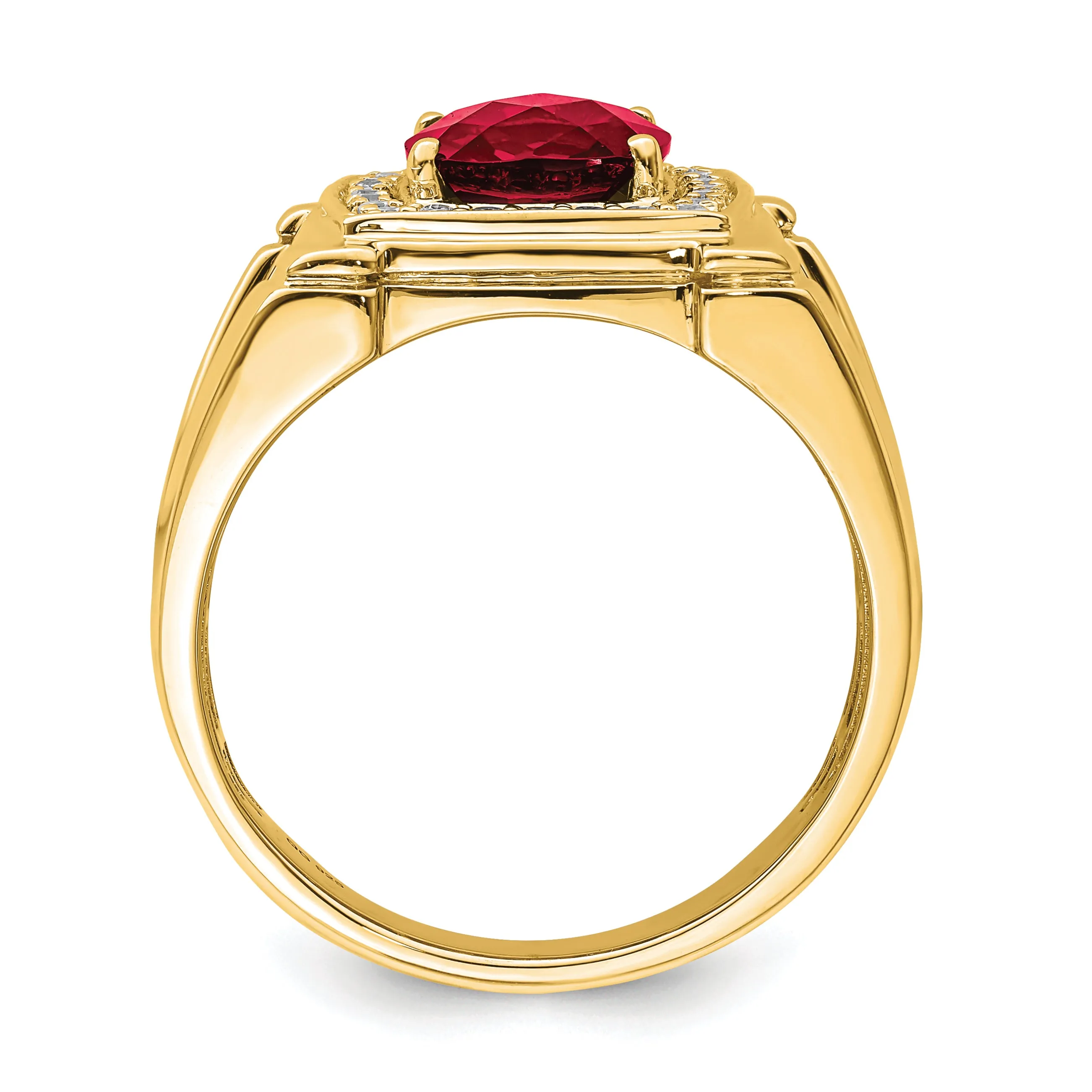 14k Yellow Gold Created Checkerboard Ruby and Diamond Mens Ring