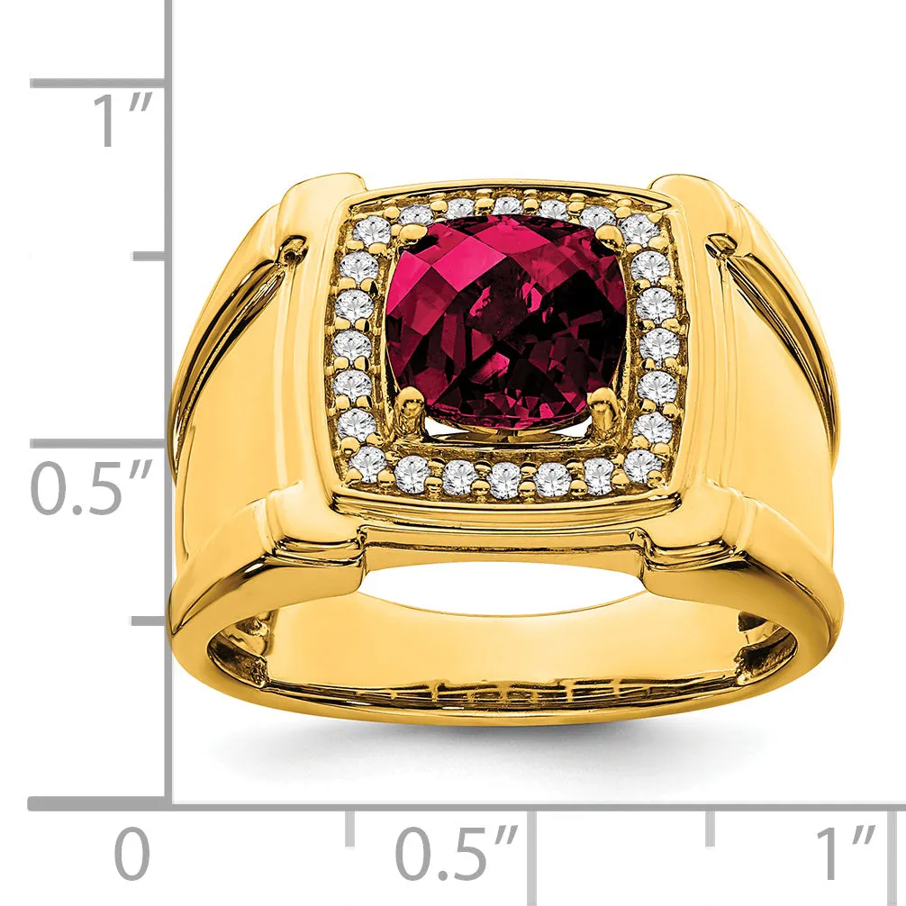 14k Yellow Gold Created Checkerboard Ruby and Diamond Mens Ring