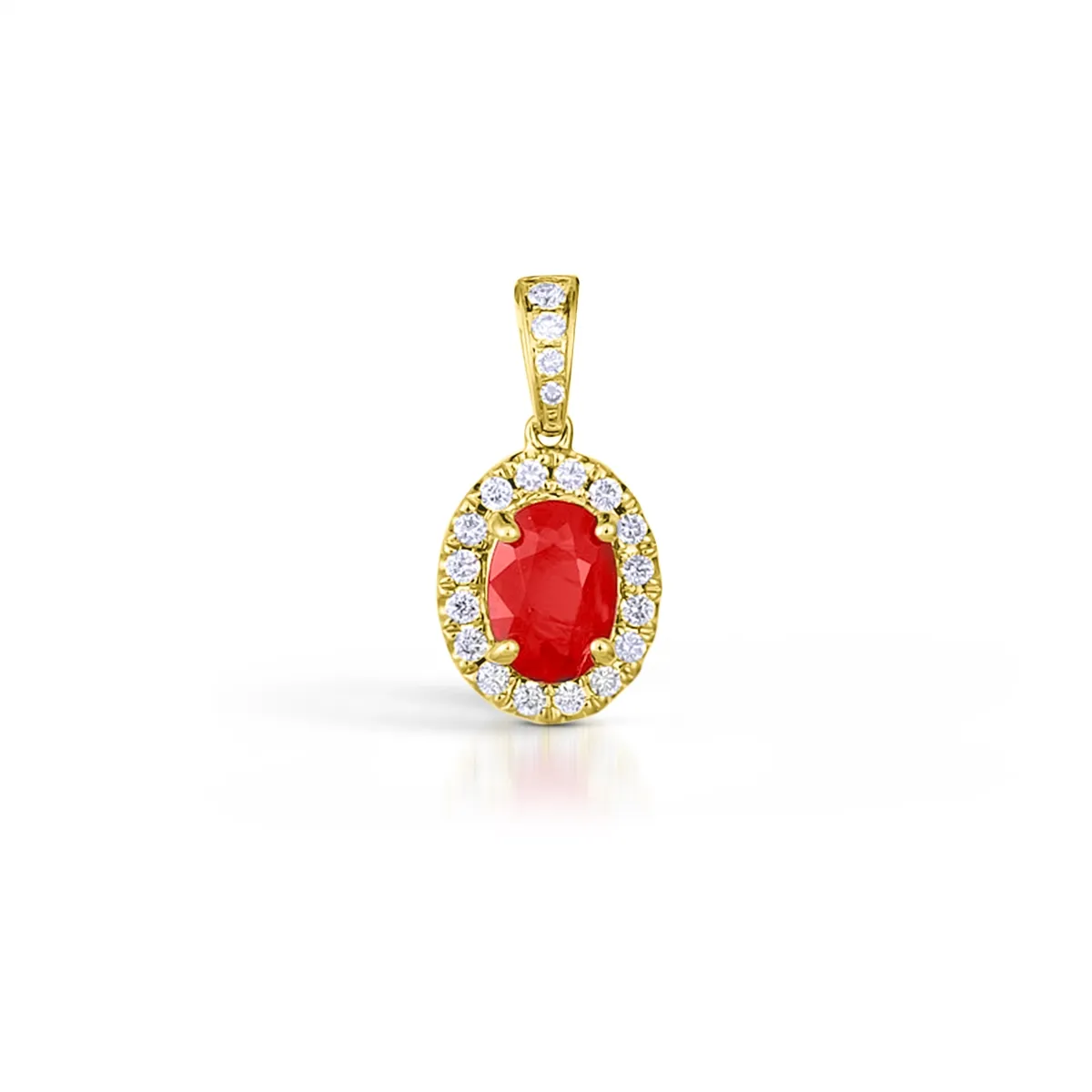 14K Yellow Gold Oval Ruby with Diamond Halo Pendant