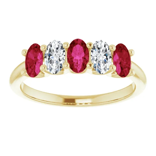 14KT GOLD 0.96 CTW RUBY & 0.50 CTW DIAMOND OVAL 5 STONE BAND