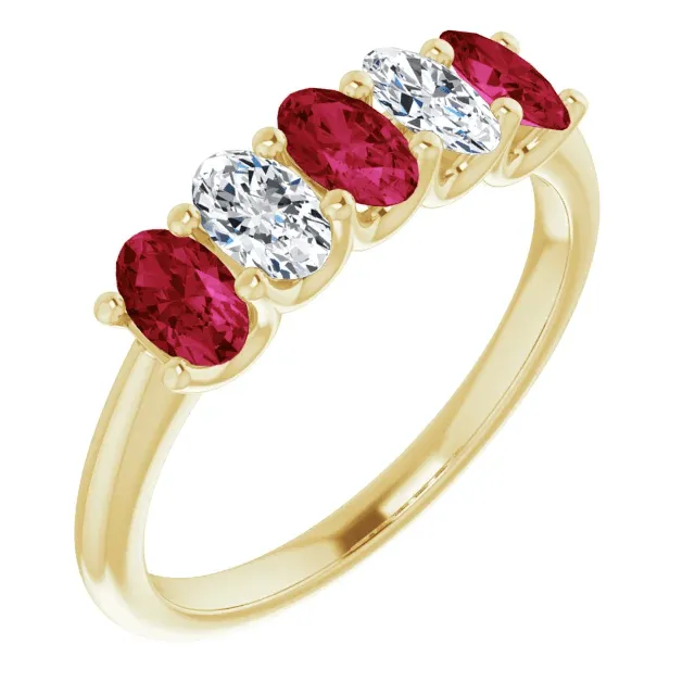 14KT GOLD 0.96 CTW RUBY & 0.50 CTW DIAMOND OVAL 5 STONE BAND