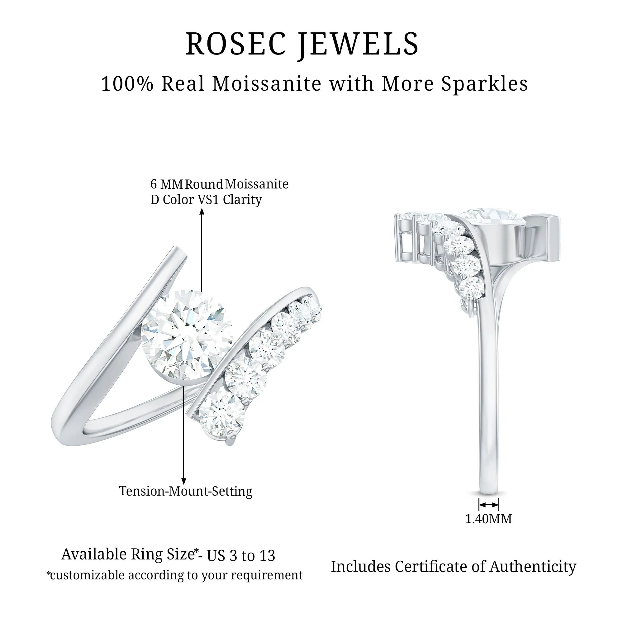 1.50 CT Certified Moissanite Solitaire Bypass Ring