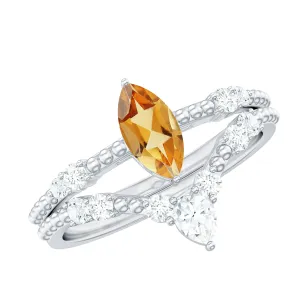 1.50 CT Natural Citrine and Moissanite Beaded Ring Set