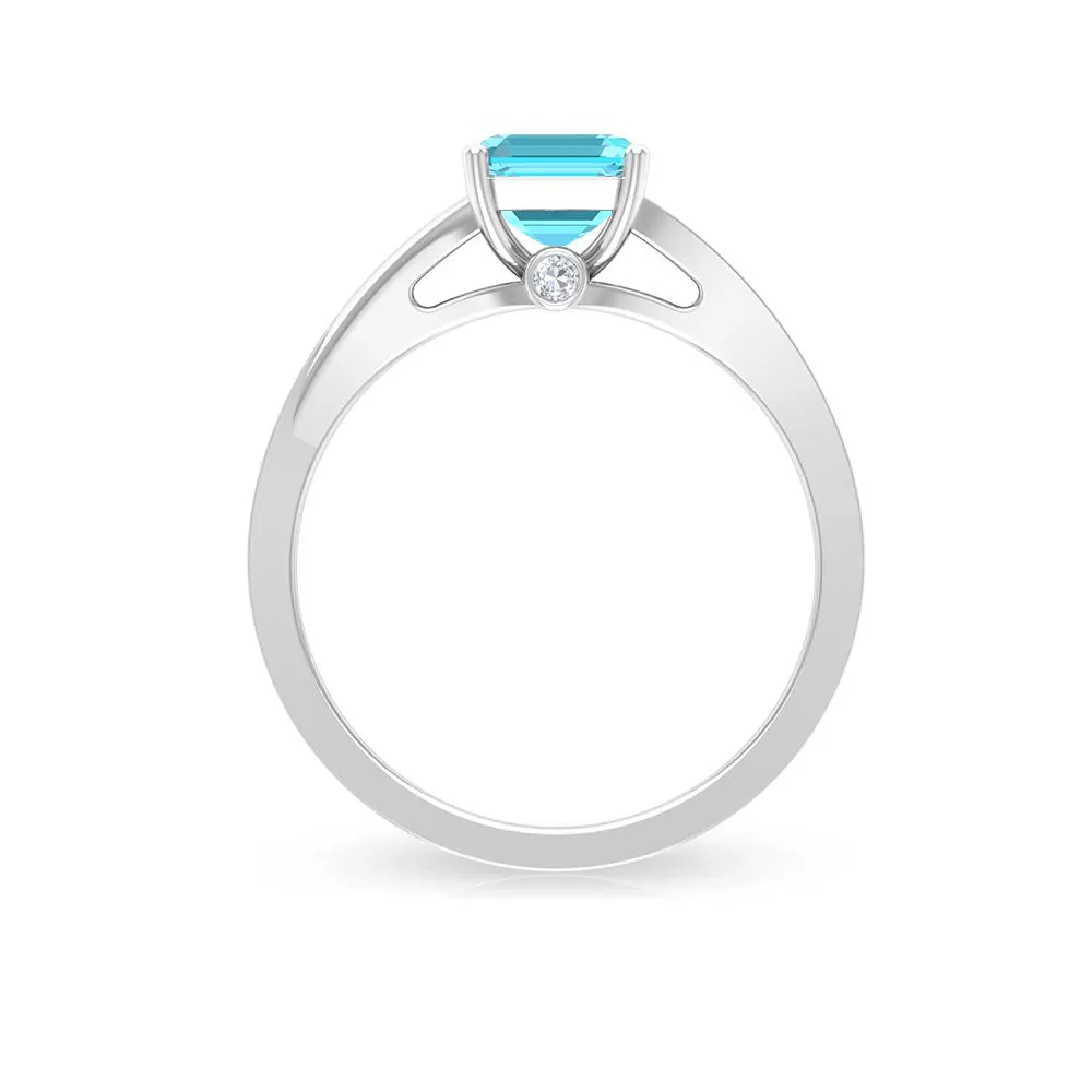 1.50 CT Split Shank Swiss Blue Topaz Solitaire with Diamond Side Stone Ring