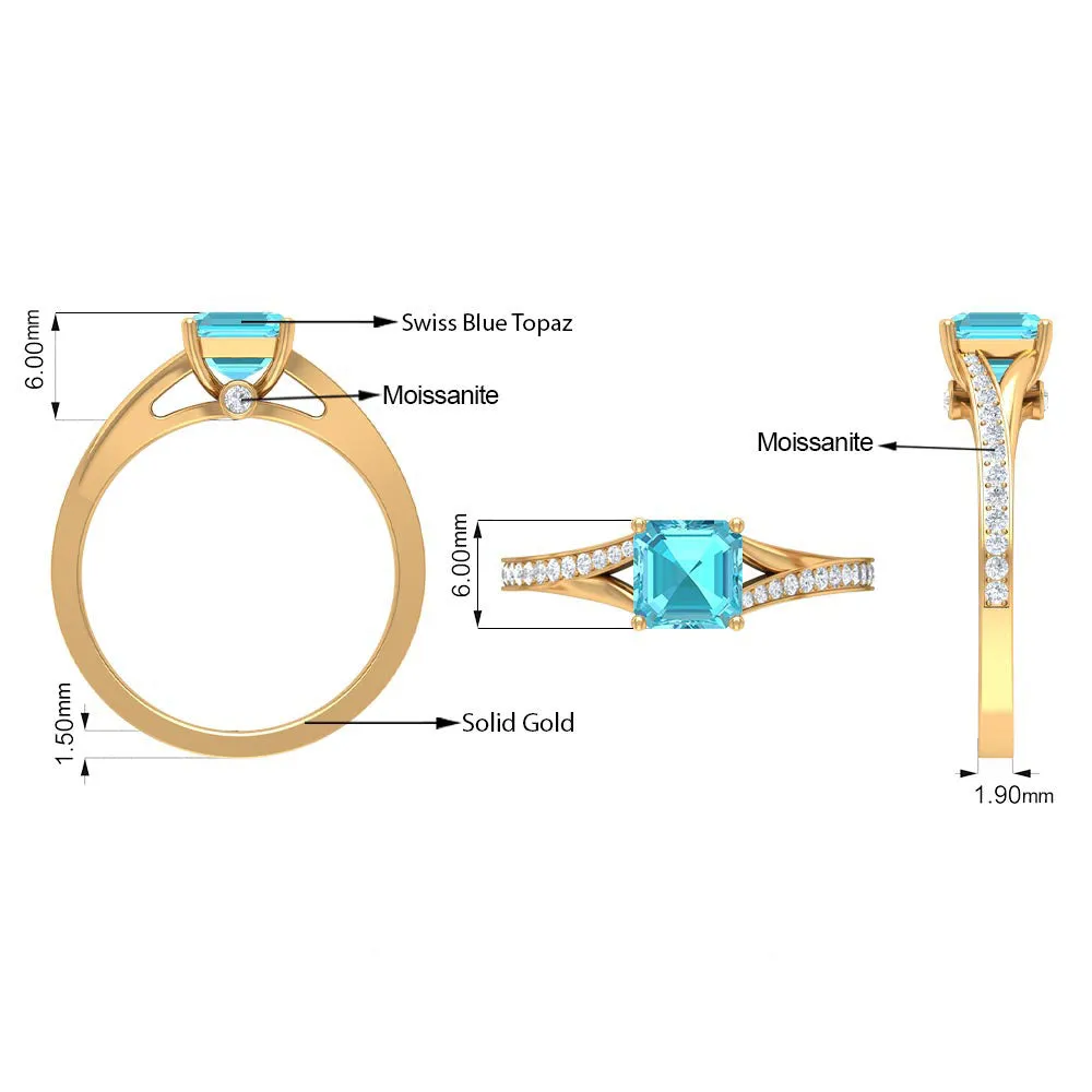 1.50 CT Split Shank Swiss Blue Topaz Solitaire with Diamond Side Stone Ring